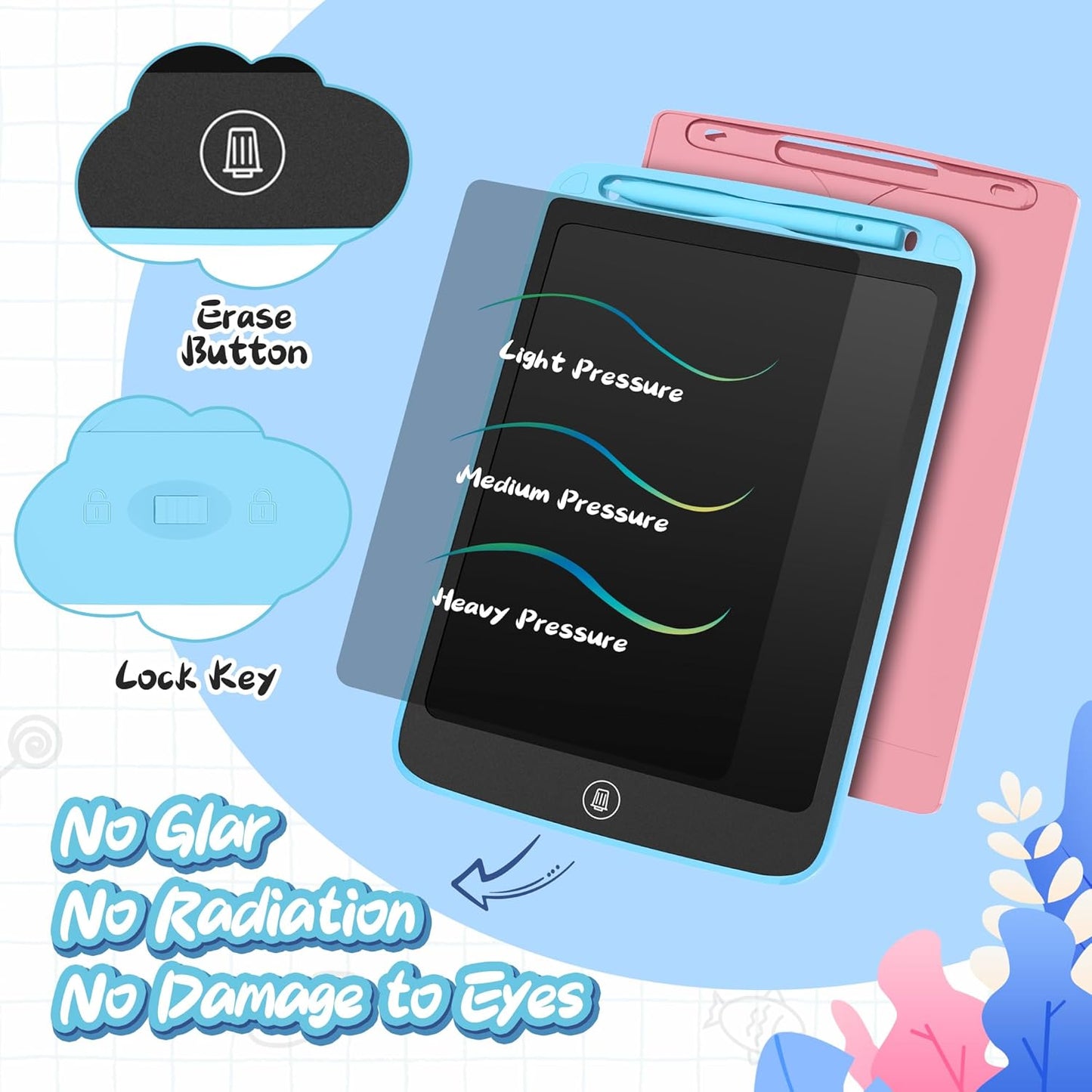 LCD Writing Tablet for Kids 10 Inch, 2 Pack Colorful Doodle Board for 3 4 5 6 7 8 9 10 Year Old Kids, Sensory Toys Educational Erasable Sketch Pad Toys for Toddler Girls Boys Learning (Blue+Pink)