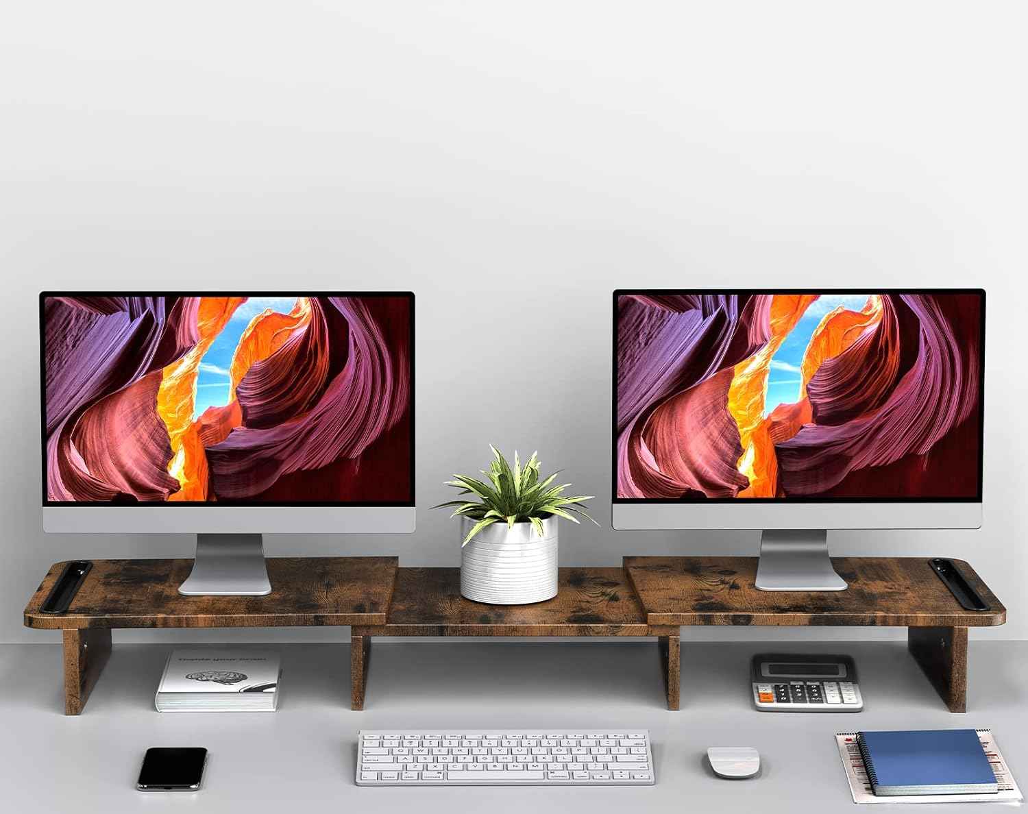 Zimilar Dual Monitor Stand Riser, Monitor Stand with Adjustable Length and Angle, Wood Monitor stand for desk, Monitor Riser for 2 monitors with Storage Space(Rust Brown Large)