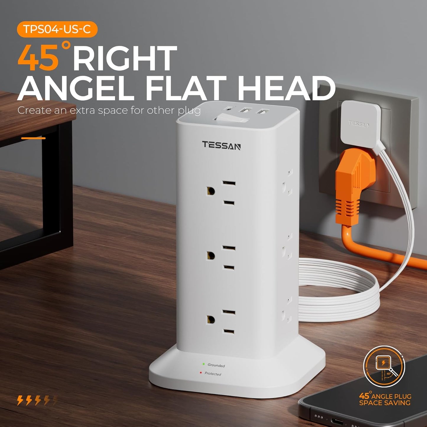 Power Strip Tower with Surge Protector, TESSAN Flat Plug Extension Cord 10 Ft with 12 AC Outlets with 3 USB Ports (1 USB C), Multiple Outlets for Home, Office Supplies, Dorm Room Essentials