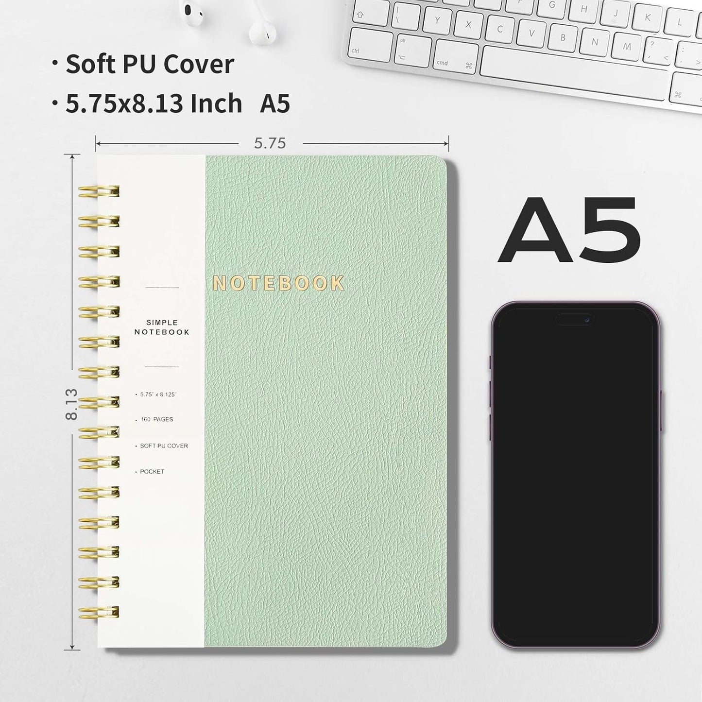 Lined Spiral Notebook College Ruled A5 Journal Book for Note Taking, 160 Pages Writing Journal for Office and Home School Supplies 5.75x8.125 inch (1MintGreen)