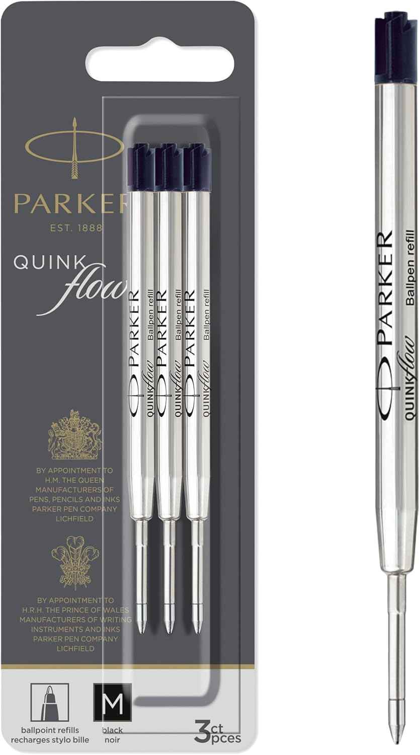 Parker QUINKflow Ballpoint Pen Ink Refills, Medium Tip, Black, 3 Count - Smooth Writing