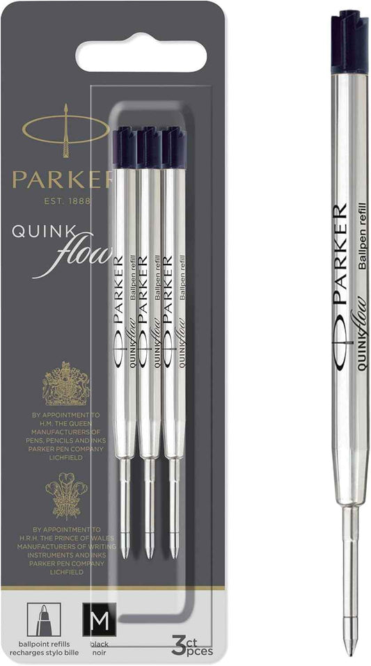 Parker QUINKflow Ballpoint Pen Ink Refills, Medium Tip, Black, 3 Count - Smooth Writing