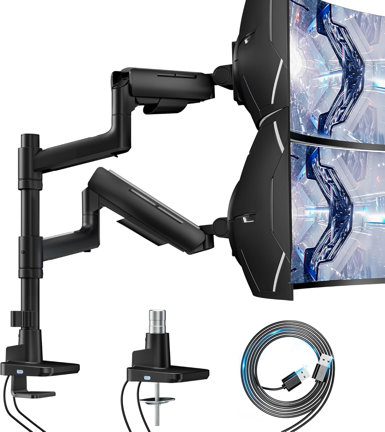 Vertical Dual Monitor Mount for 17-49 Inch Ultrawide Heavy Duty Curved Screen Stacking, Computer Monitor Arm Desk Mount with USB, Gas Spring Adjustable Vesa Stand, Black
