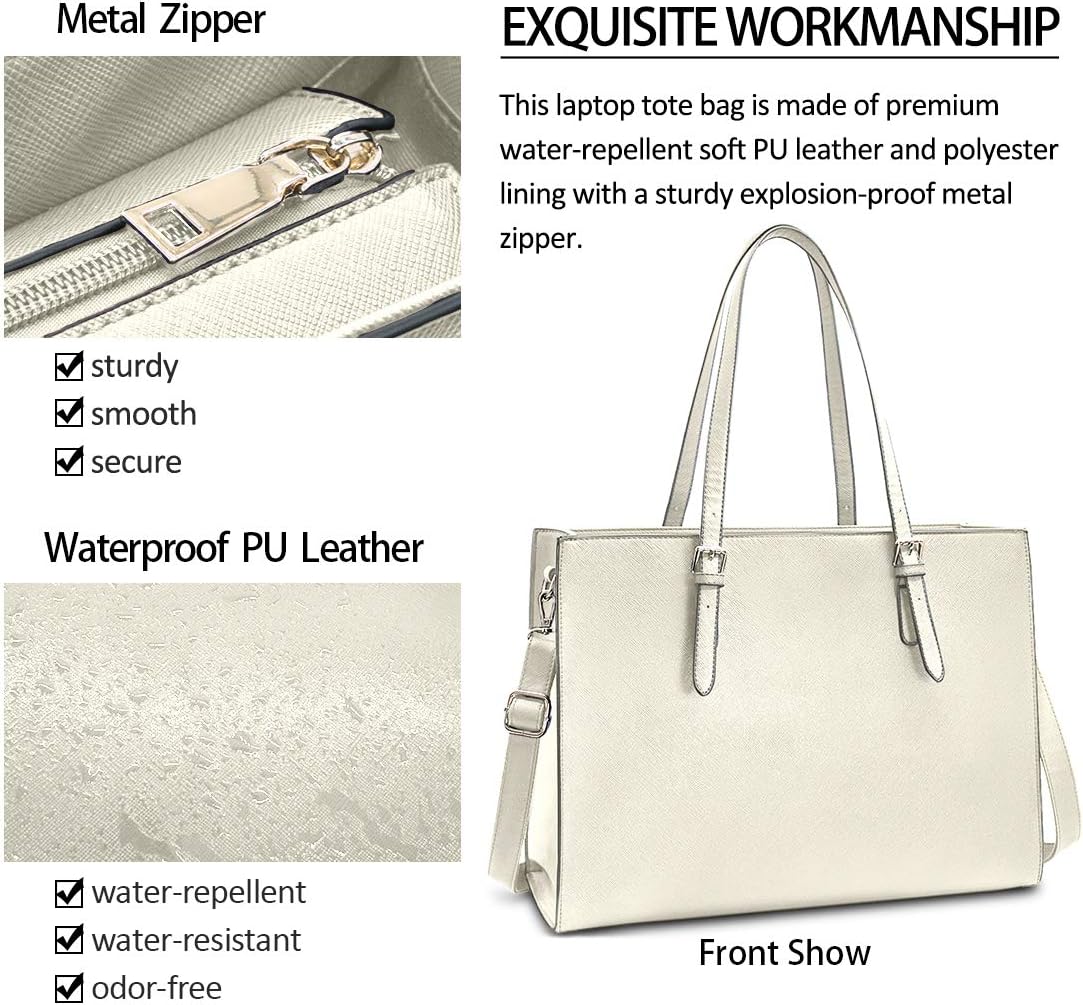 Laptop Bag for Women Waterproof Lightweight Leather 15.6 Inch Computer Tote Bag Business Office Briefcase Large Capacity Handbag Shoulder Bag Professional Office Work Bag Beige