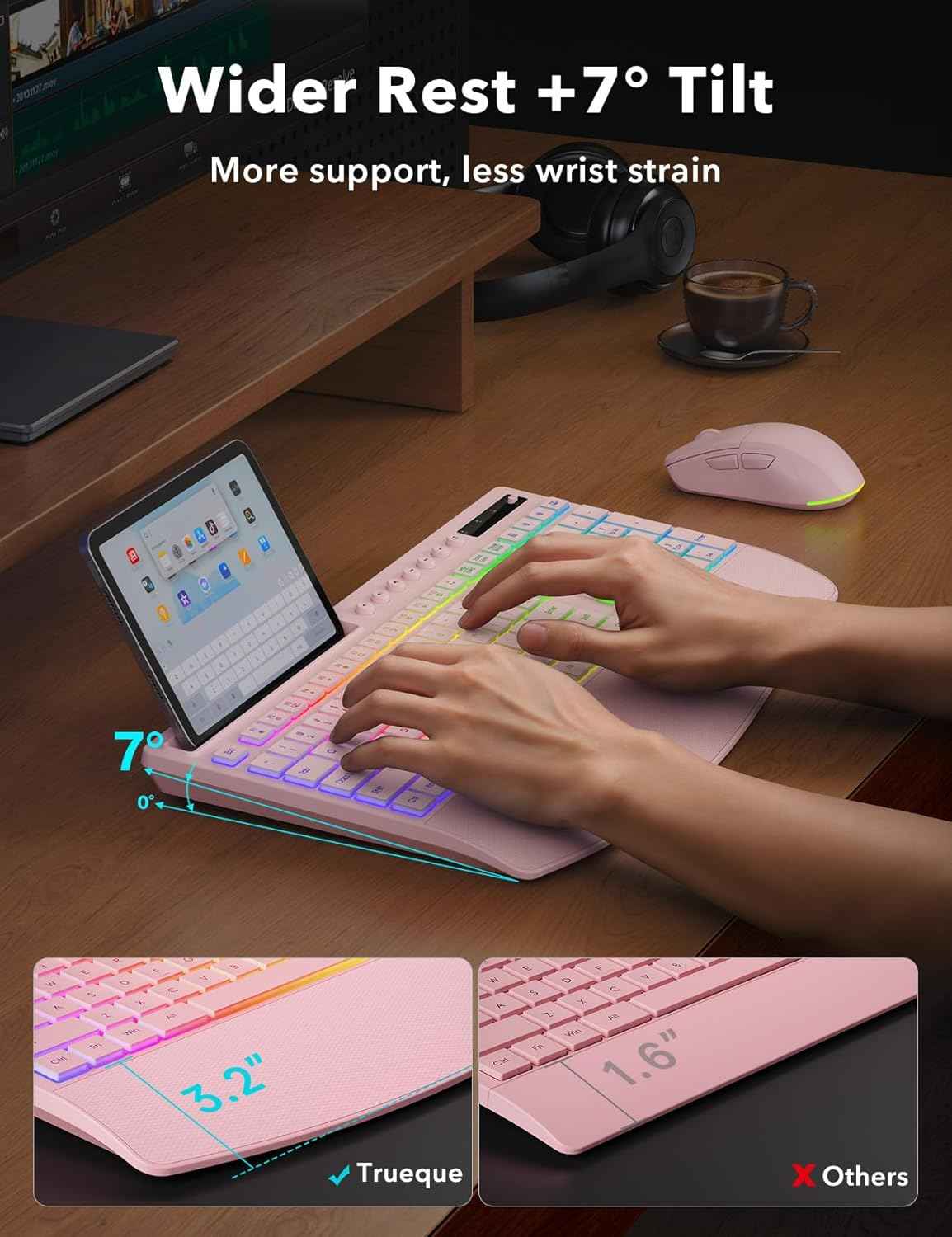 Trueque Wireless Keyboard and Mouse Combo, 4000mAh Rechargeable Backlit Keyboard with Wrist Rest & Phone Holder, Full Size Quiet Typing 2.4G USB-A/Type-C for PC Laptop Windows Mac (Pink)