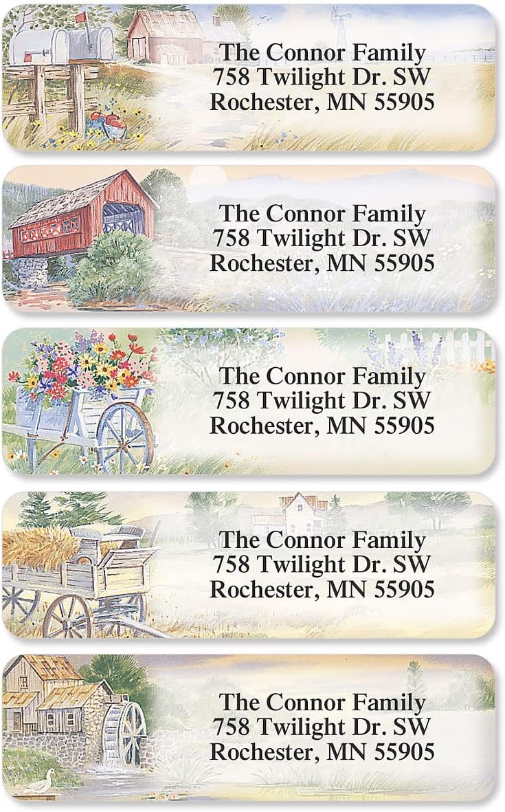 Colorful Images American Countryside Rolled Personalized Return Address Mailing Labels with Dispenser, Customize with Name & Shipping Address, 250 ¾” x 2½” Self Adhesive, Easy Peel Label Roll - Lumora Desk