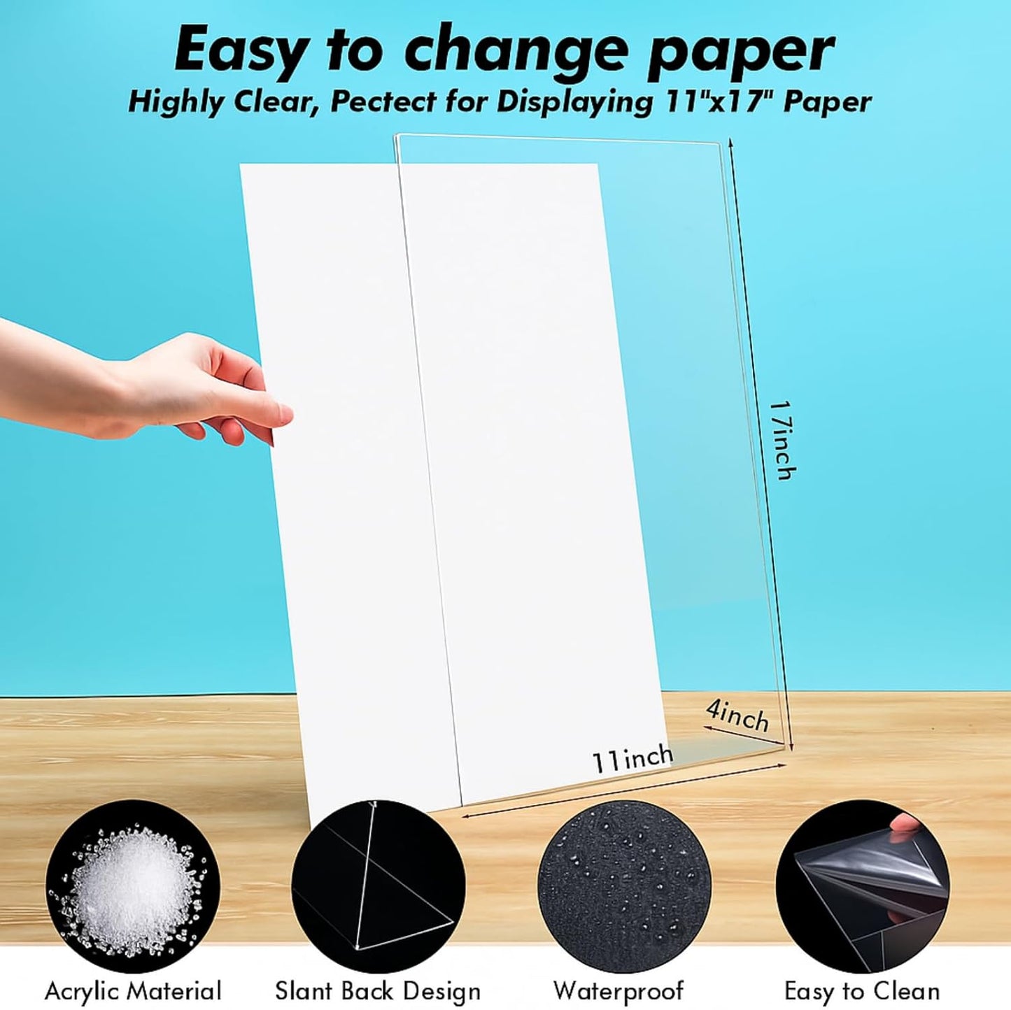 Qilery 4 Pcs 11 x 17 Inch Acrylic Sign Holder Clear Display Stand Frame Table Top Slant Back Plastic Sign Holder Flyer Document for Menu Workers Teachers Office School Desktop