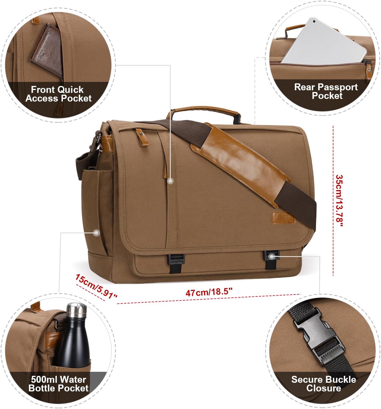 ESTARER Messenger Bag 17-17.3 Inch, Men's Computer Bag Water-resistant Canvas, Laptop Shoulder Bag for Travel Work College, Brown