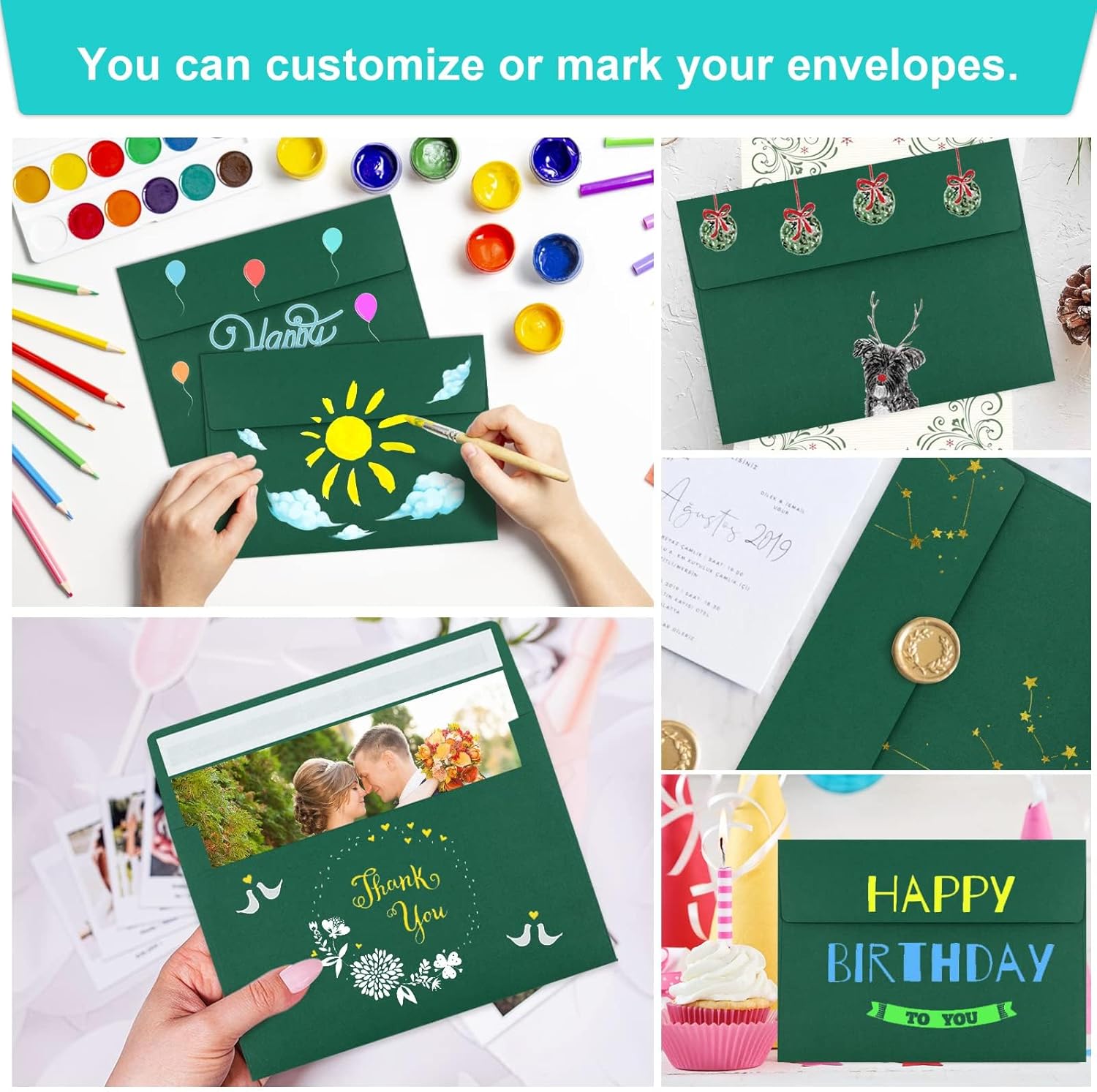 70 Pack A2 Dark Green Envelopes - Self Seal for Photos, Invitations, Greeting Cards & 4.5x5.5 Cards - Lumora Desk