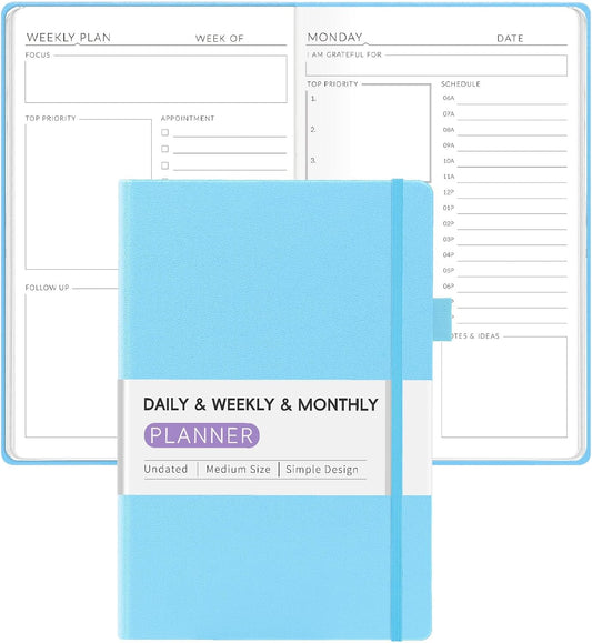 Undated Weekly Planner for 2025, Forvencer Simplified Daily & Weekly & Monthly Calendar Planner, Cute Daily Organizer Notebook, Agenda Journal to Track Goals & Tasks, Start Anytime, A5 Size, Sky Blue