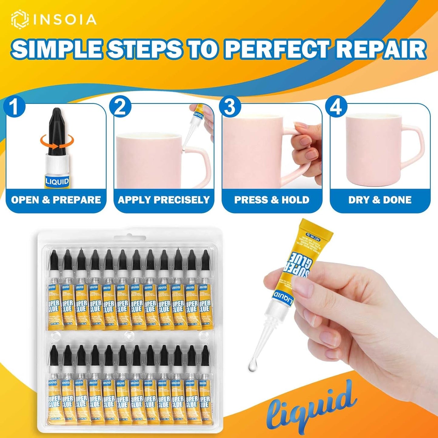 Super Glue Liquid Clear, 24 X 3g All Purpose Strong Adhesive Ca Glue Cyanoacrylate Quick Dry Instant Glue for Plastic, Metal, Ceramic, Shoe, Wood, Leather, Model, Rhinestone, Jewelry and DIY Crafts