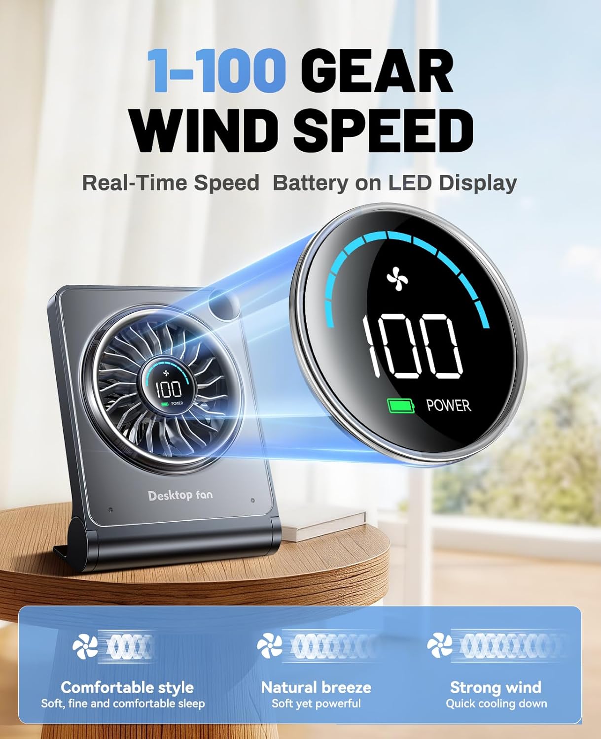 Small Desk Fan, Quiet Portable Table Fan with 100 Speeds, 12 Hrs Cooling, Strong Airflow, Digital Display, 180° Adjustable, Rechargeable Desktop Fan for Bedroom Office Cruise Travel, Black