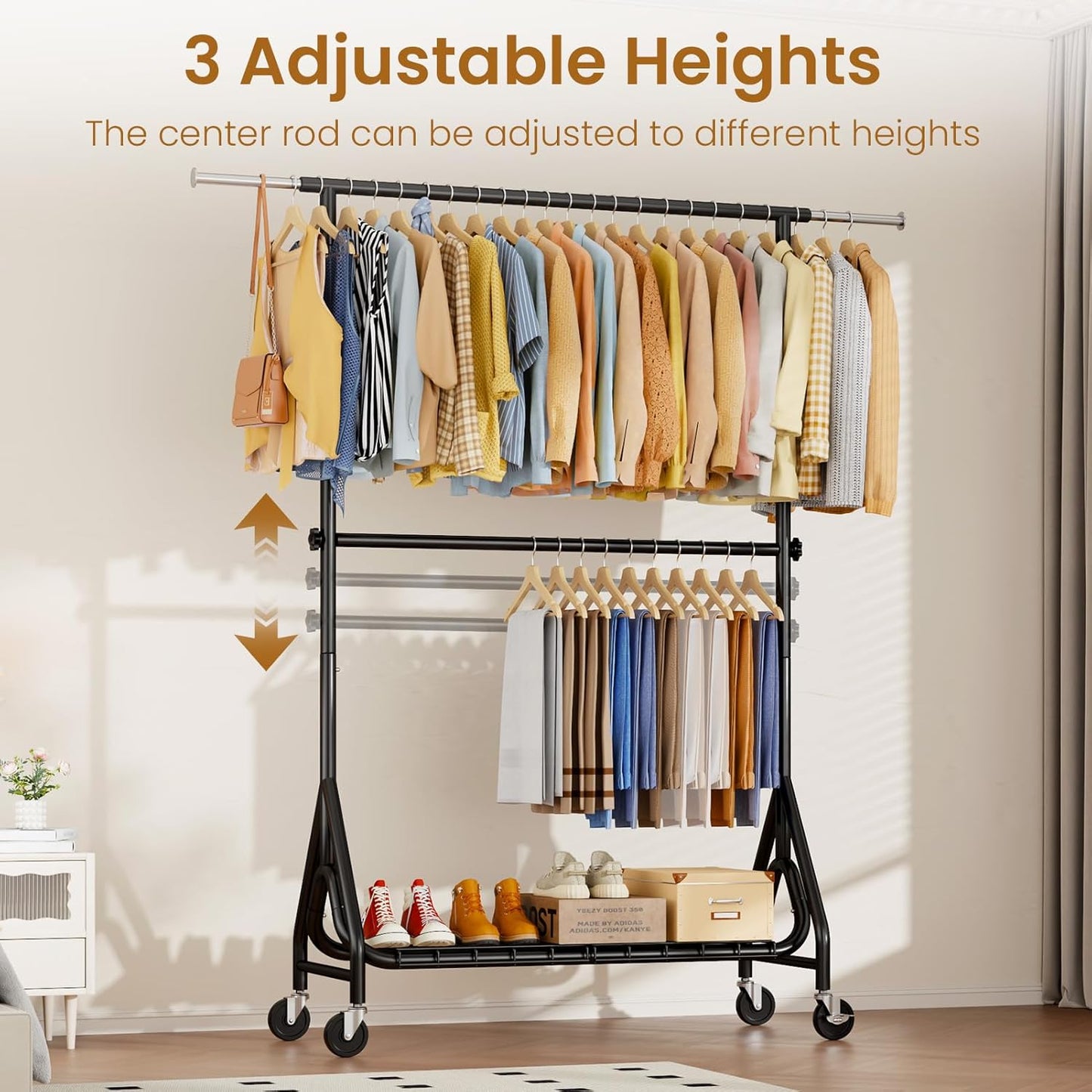 Double Rods Clothing Rack, Heavy Duty Clothes Rack for Hanging Clothes Load 560LBS, Metal Rolling Garment Racks with Wheels, Freestanding Clothes Hanging Racks, Black - Lumora Desk