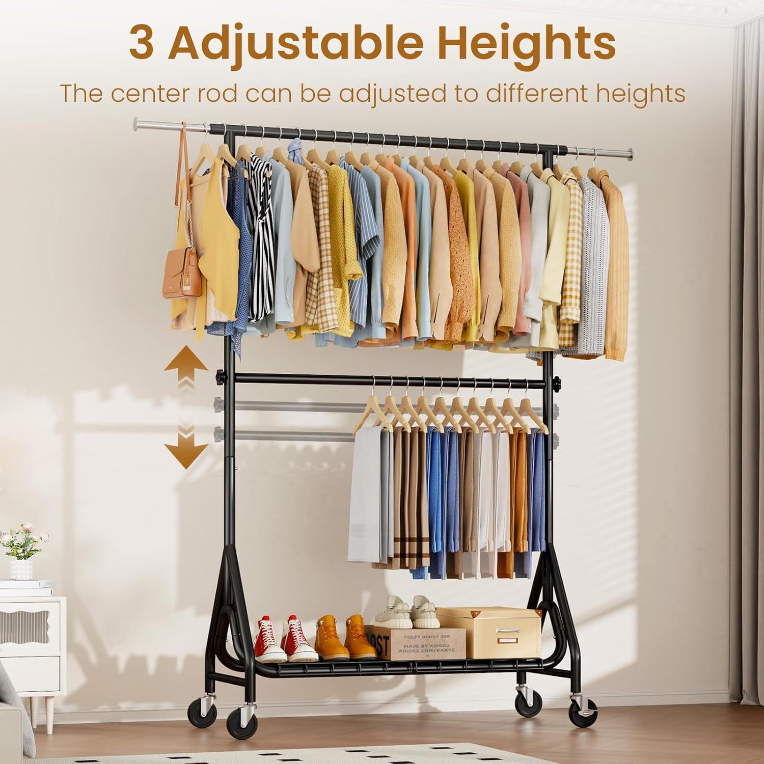 Double Rods Clothing Rack, Heavy Duty Clothes Rack for Hanging Clothes Load 560LBS, Metal Rolling Garment Racks with Wheels, Freestanding Clothes Hanging Racks, Black - Lumora Desk