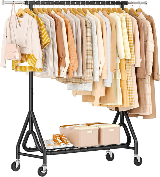 Heavy Duty Clothes Rack, Metal Clothing Rack Load 450 LBS, Rolling Coat Racks for Hanging Clothes with Lockable Wheels, Wardrobe Closet Garment Racks for Bedroom, Black - Lumora Desk