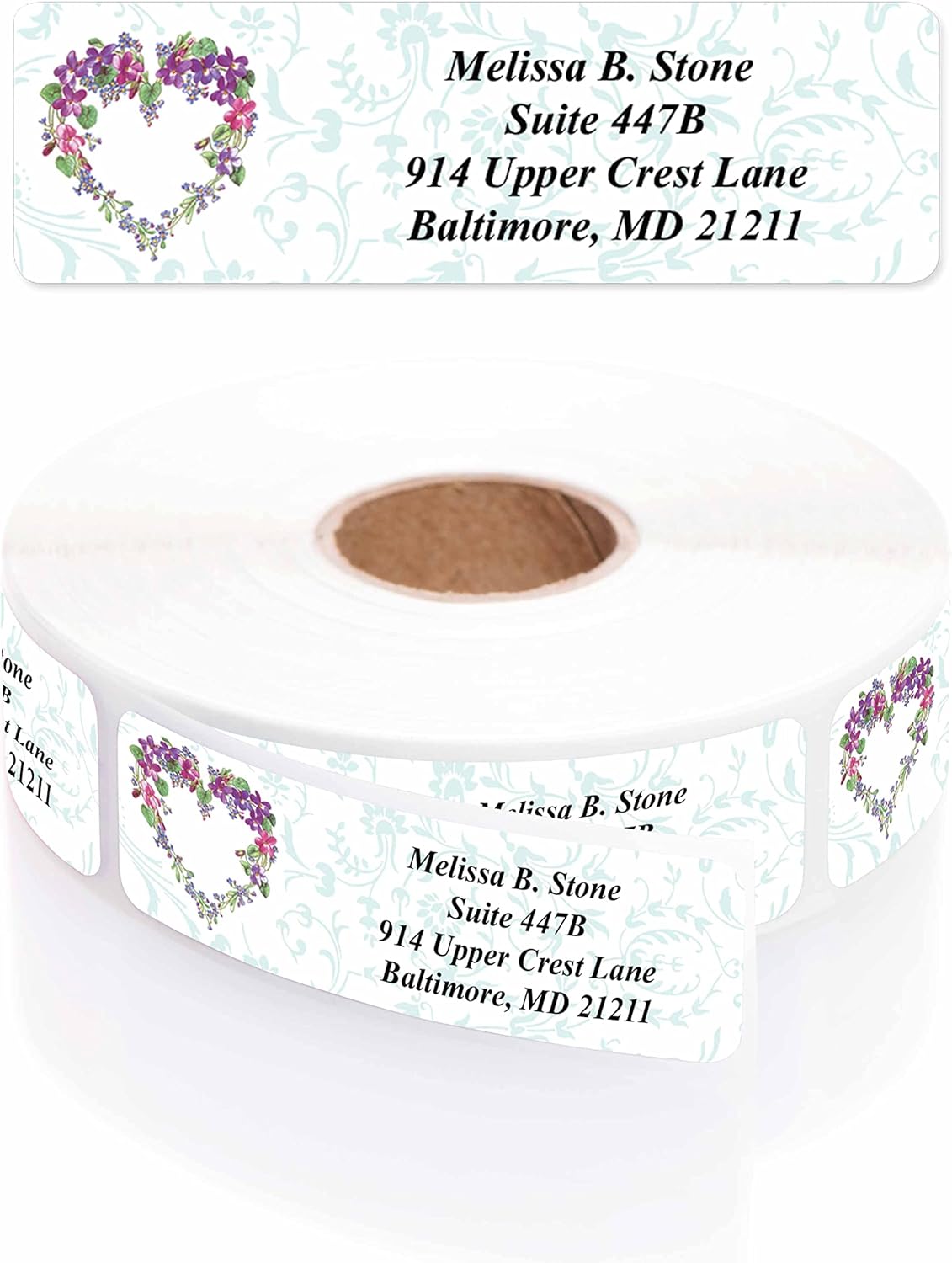 Floral Heart Wreath Rolled Address Labels with Elegant Plastic Dispenser - Lumora Desk