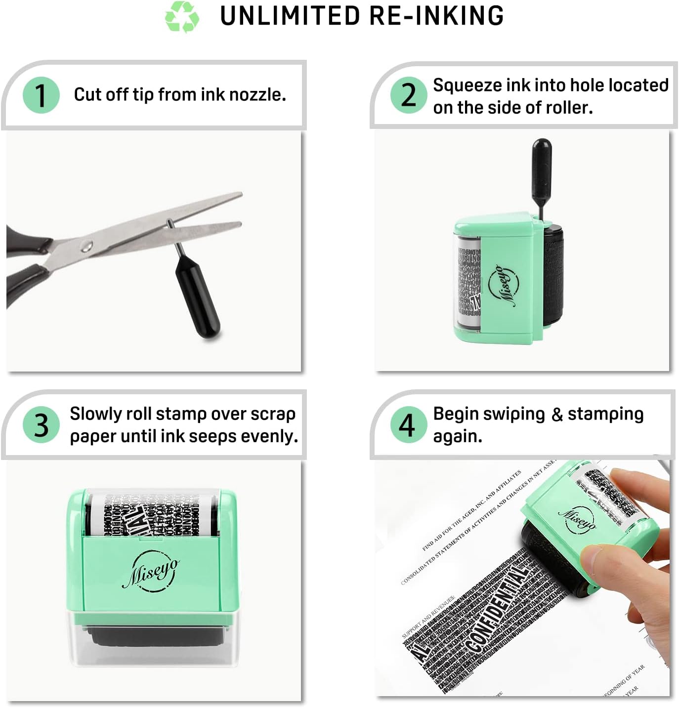 Miseyo Identity Theft Protection Roller Stamp Set - Mint Green (6 Refill Ink Incleded)