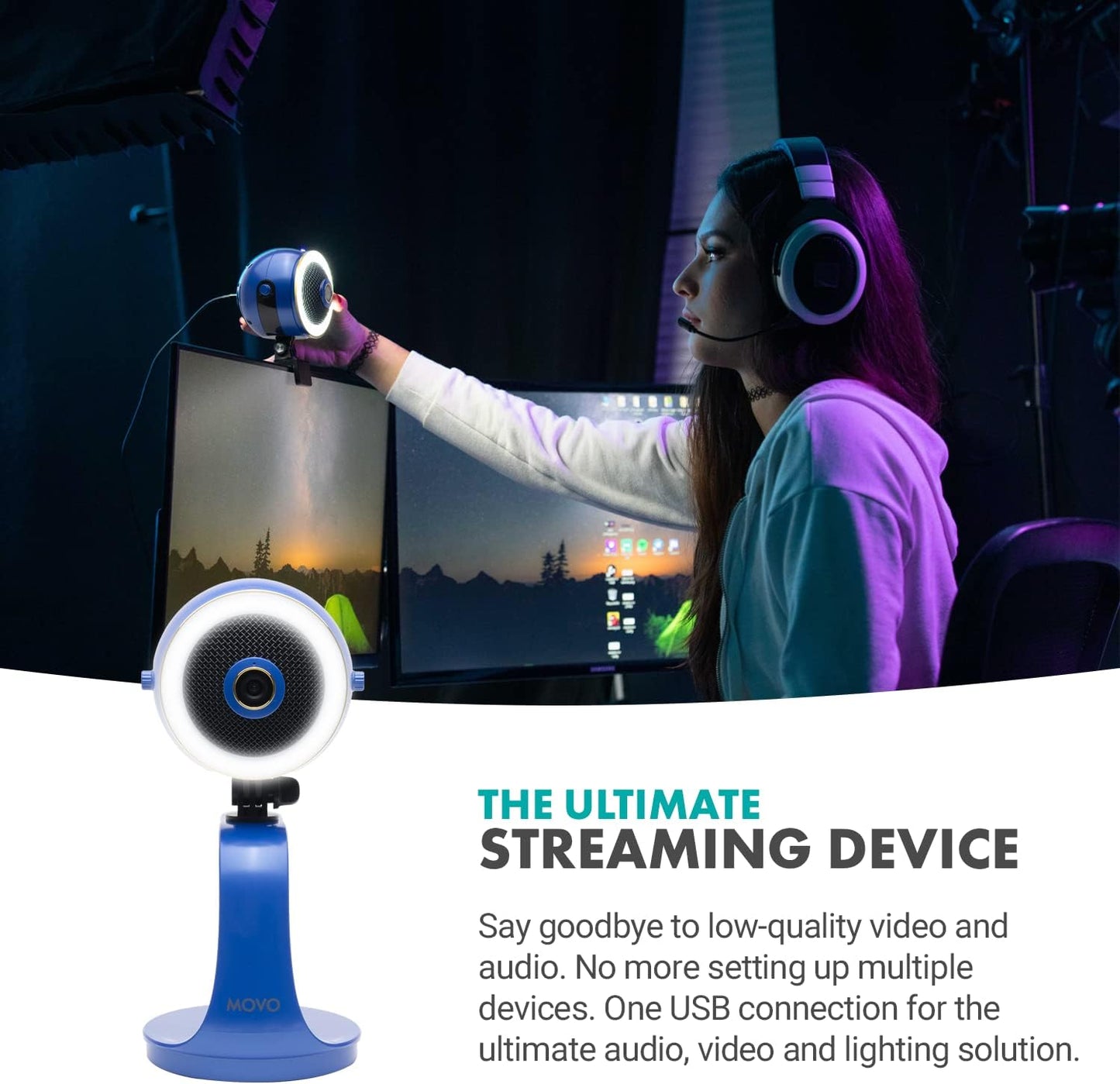 Movo WebMic HD Pro All-in-One Webcam with Mic and Ring Light in Royal Blue- 1080p HD Camera, Pro Cardioid Condenser Microphone, LED Ring Light - HD Webcam for Streaming, Video Calls, Recording, Gaming