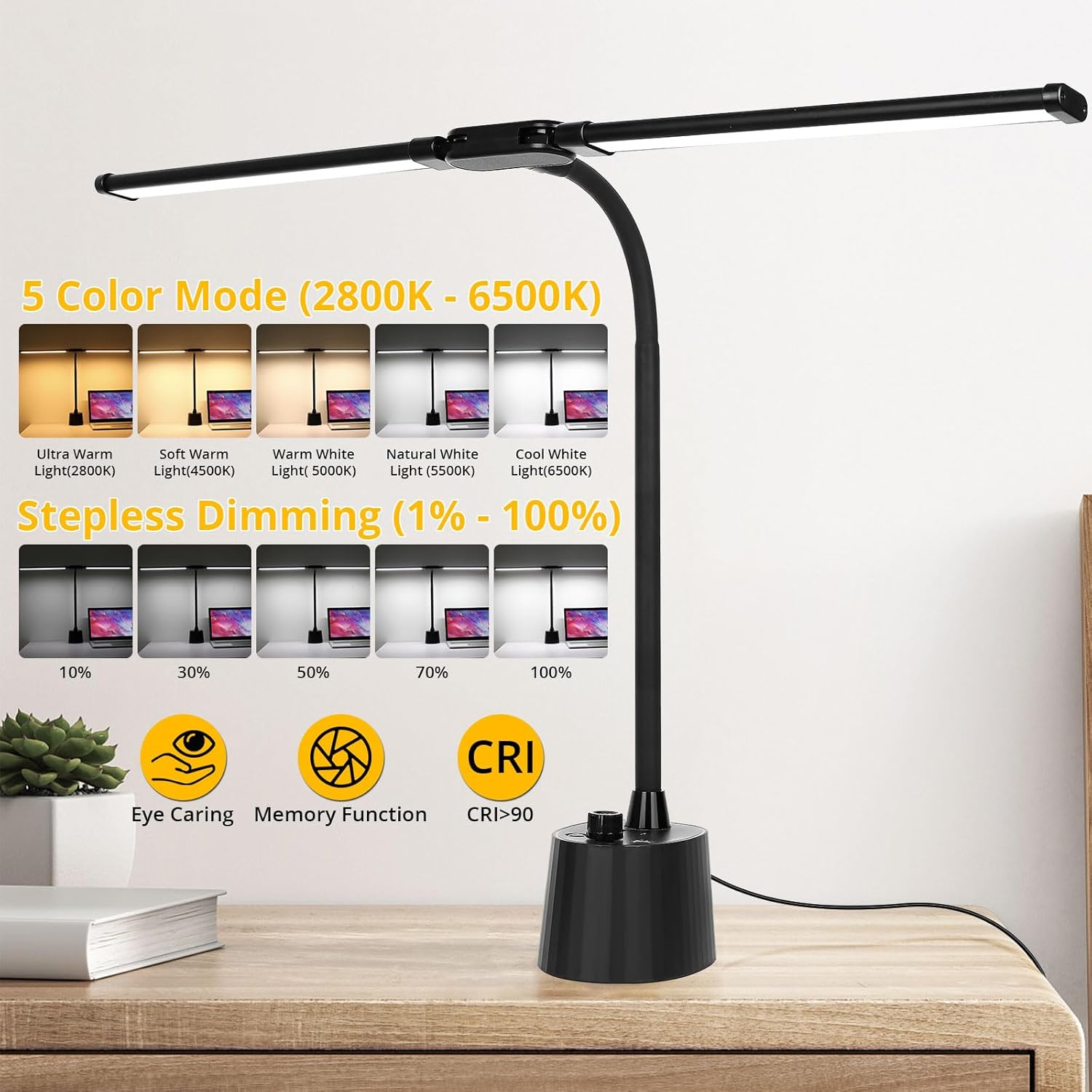 Desk Lamp with Dual Head & 10W Smart Dual USB Charging Port 5 Color Modes Dimmable Reading Light 2600 Lumens 12W Table Lamp for Bedside Office, Adapter Include - Lumora Desk