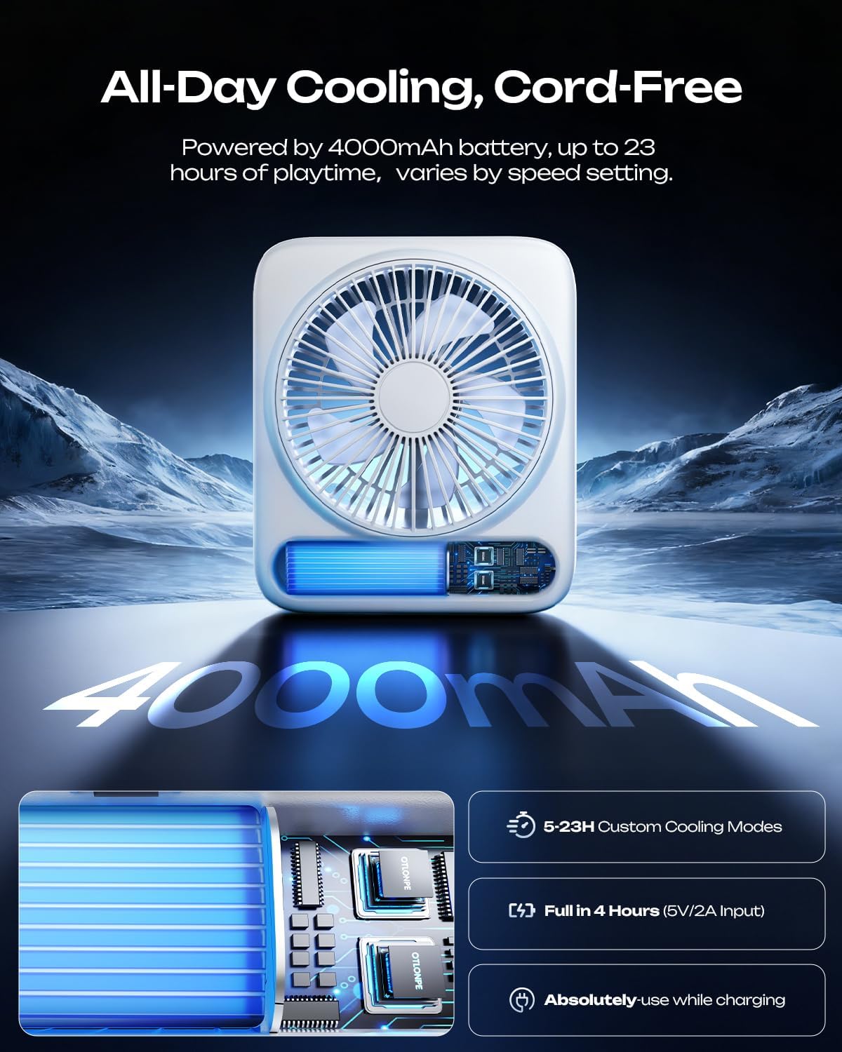 Otlonpe Personal Portable Desk Fan, 4000mAh Small Rechargeable Portable Fan Battery Operated & USB Powered for Travel Sleeping Bedroom Office Home Table, Cordless, Quiet, 4-Speed, 6.5 Inch (White)