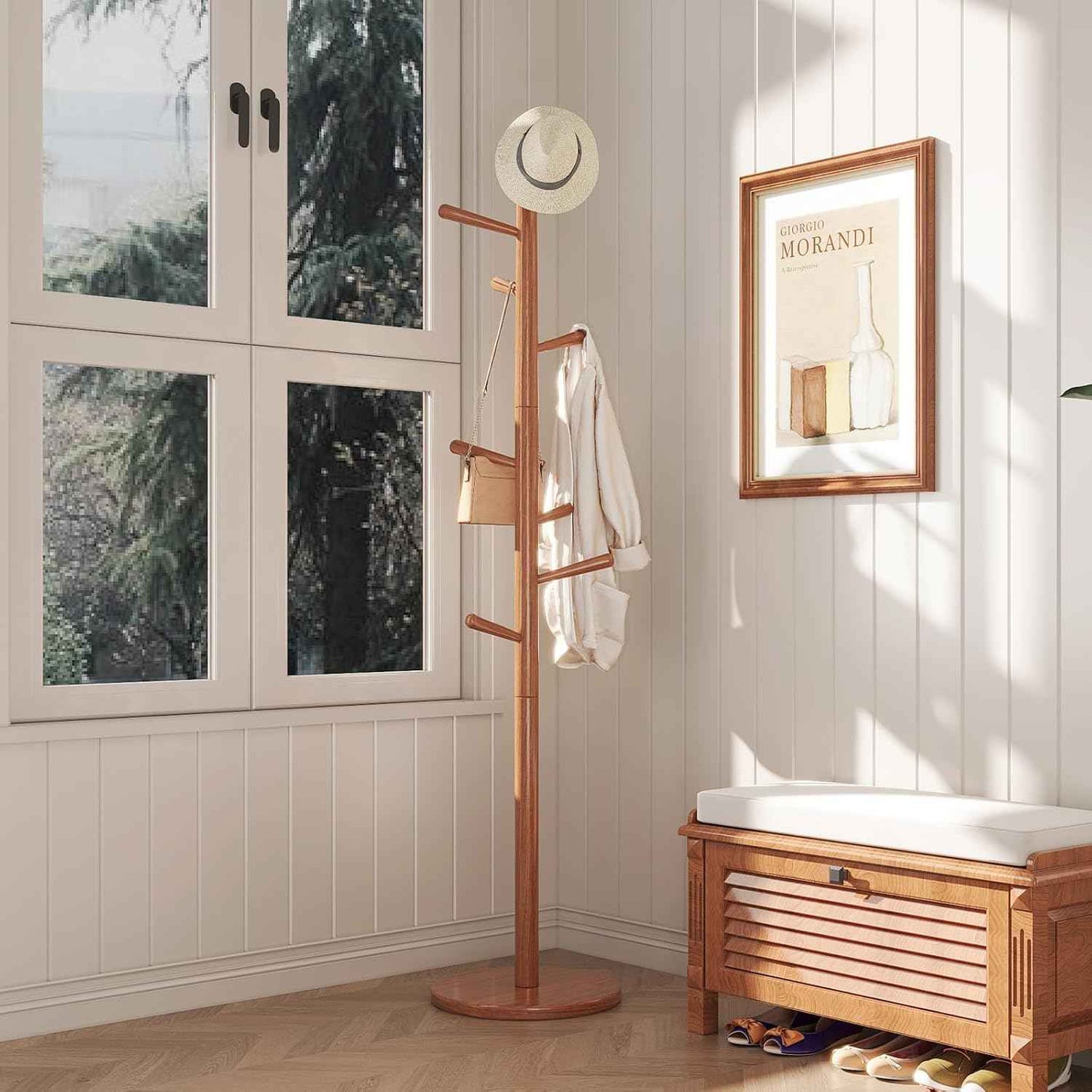 Uniclinens Coat Rack Freestanding Solid Wood Coat Tree Standing with 8 Hooks, Coat Rack Stand Creative Tree Branch-Look (Teak)