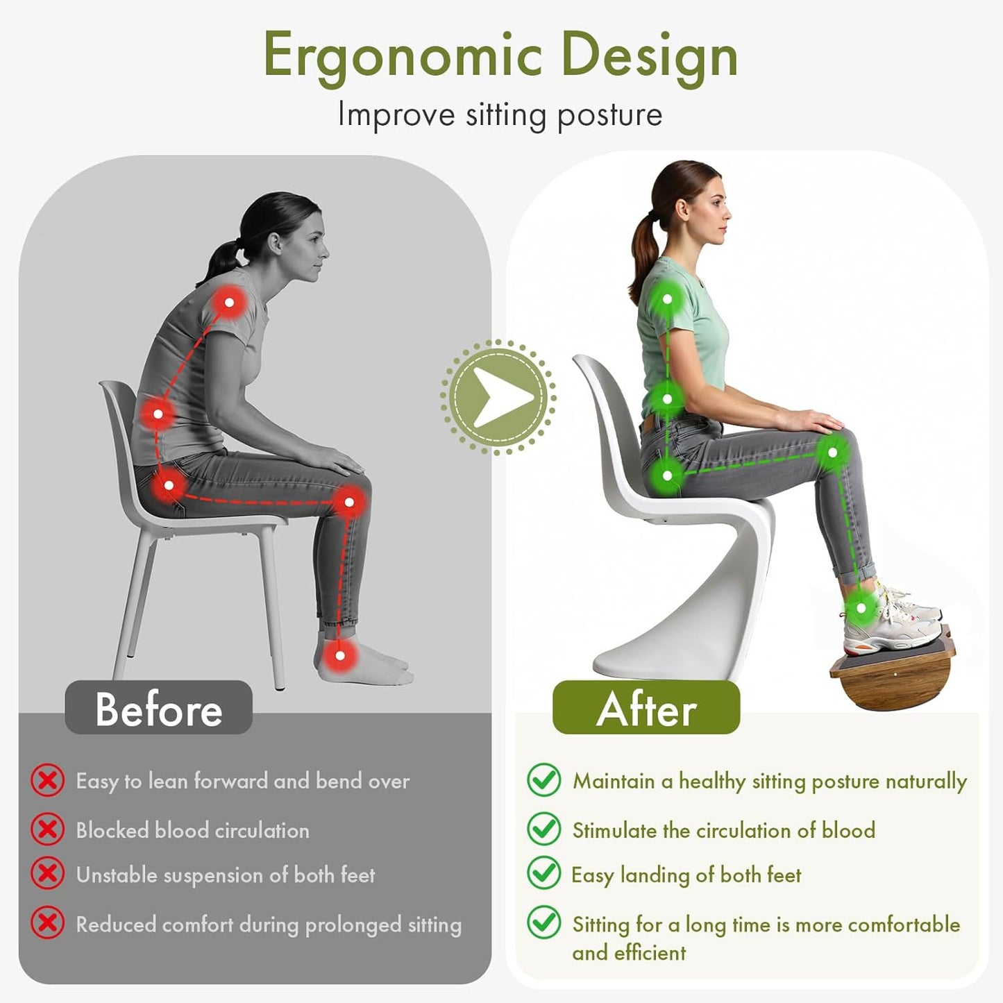 Ergonomic Wooden Footrest for Under Desk, Foot Rest with Anti-Slip Surface, Comfortable Desk Foot Stool for Office Home Gaming, Improve Posture & Promote Blood Circulation