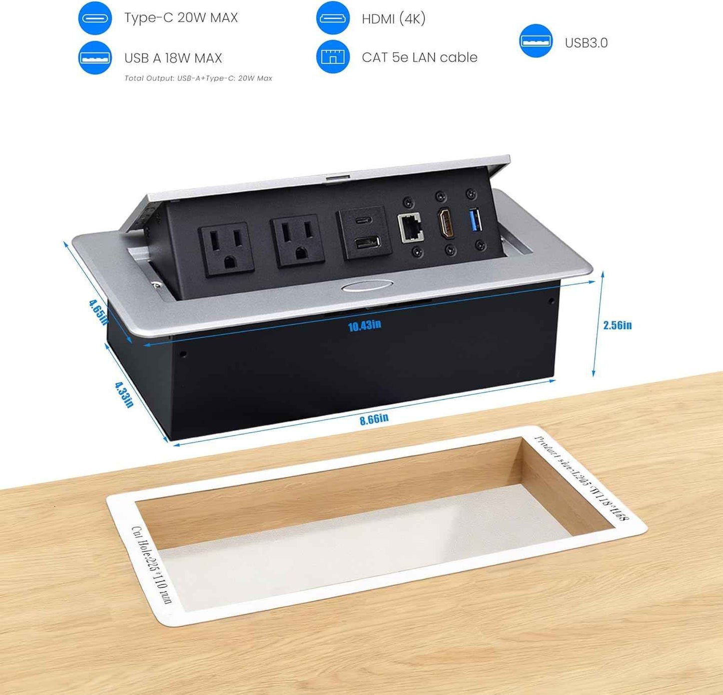 Conference Table Power Hub, Pop up Power Outlet with 20W Type-C PD Fast Charging, HDMI 4K Multiport Office Desk Charging Station for Meetings Workspaces (Silver)
