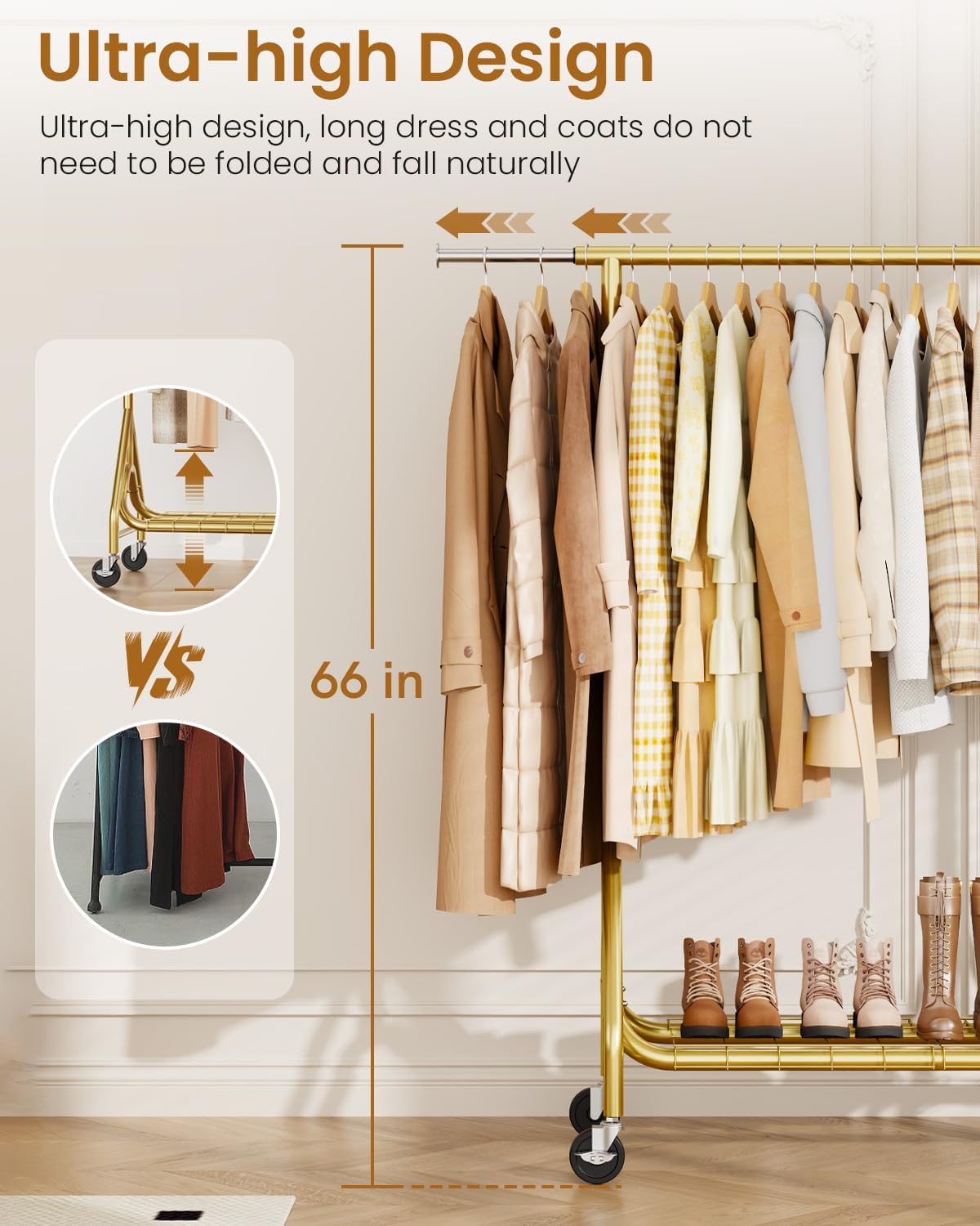 Heavy Duty Clothes Rack, Metal Clothing Rack Load 450 LBS, Rolling Coat Racks for Hanging Clothes with Lockable Wheels, Wardrobe Closet Garment Racks for Bedroom, Gold - Lumora Desk