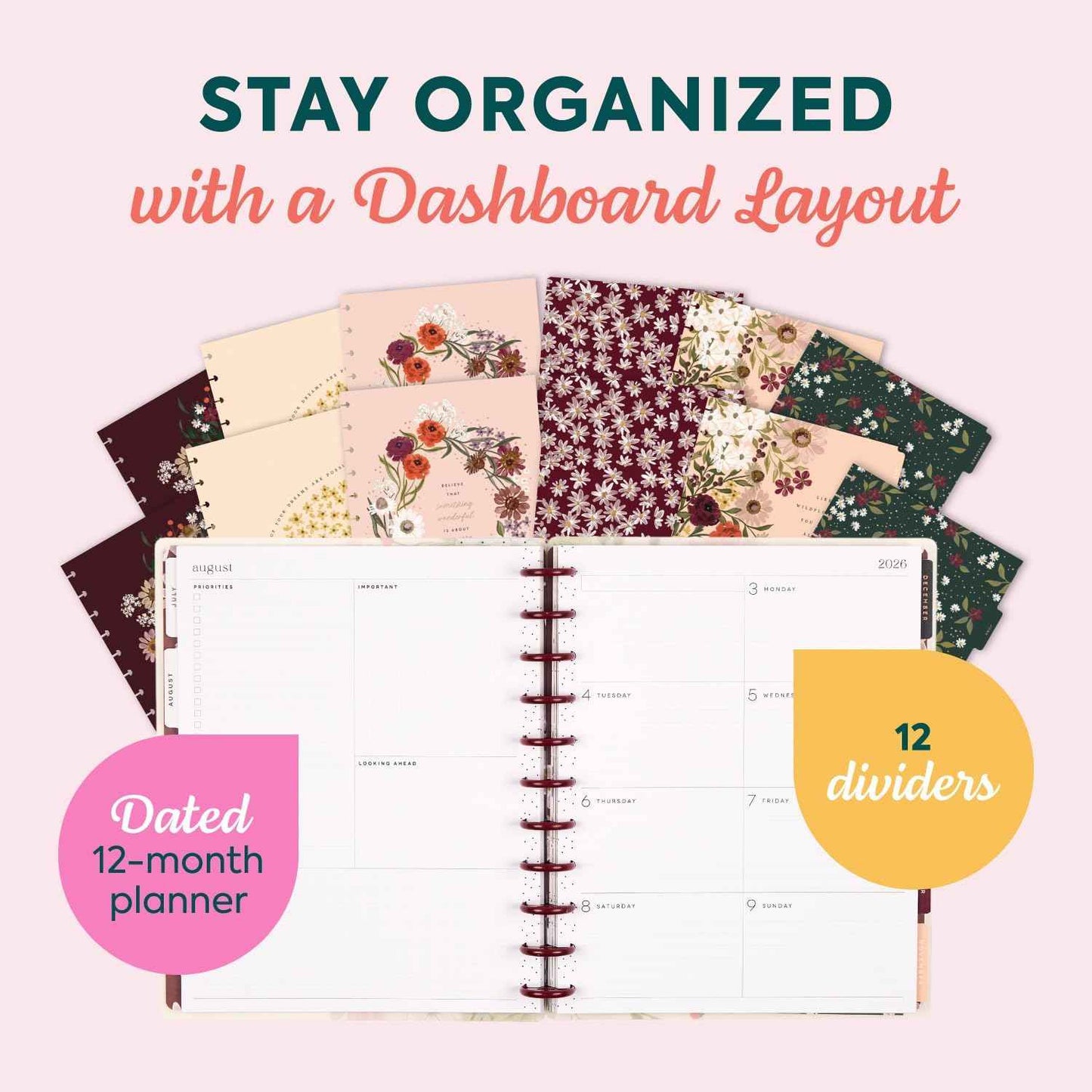 Happy Planner Disc-Bound Planner July 2026–June 2027, Includes 3 Extra Months and 2 Sticker Sheets, Big Size, 8.5" x 11", Dashboard Layout, Wildflower Whimsy