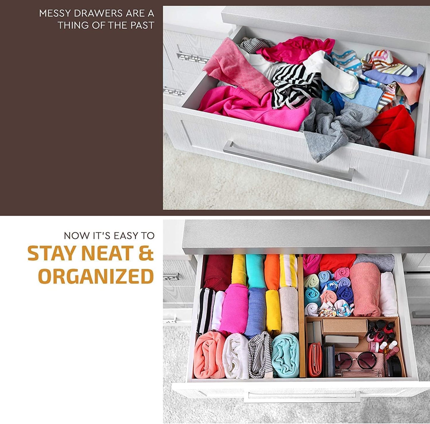 Large Kitchen Drawer Organizer - Expandable Bamboo Drawer Dividers (17" - 21.5") - Adjustable Separators for Kitchen, Clothes, Dresser, Bedroom, Bathroom, and Desk Drawers - 6 Pack