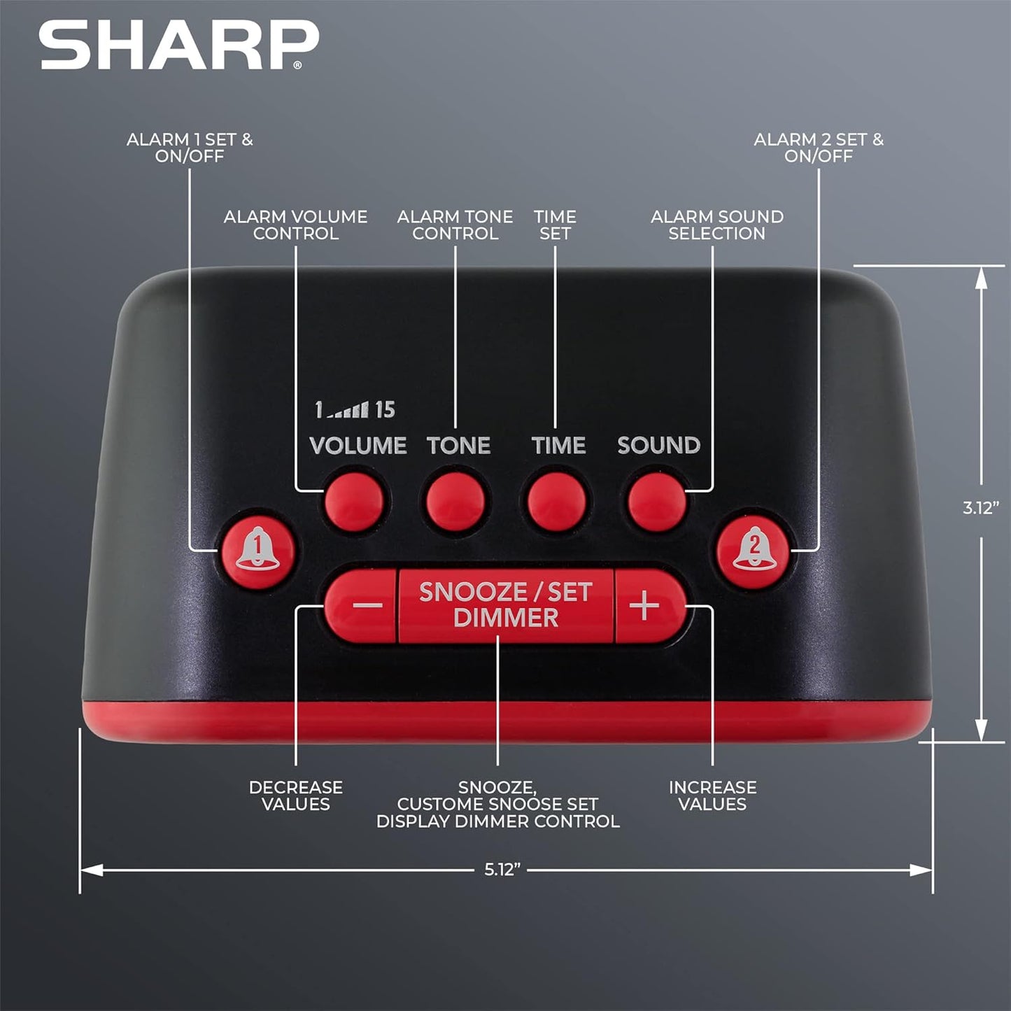 Sharp Big Bang Super Loud Alarm Clock for Heavy Sleepers, 6 Extremely Loud Wake Up Sounds: Rooster, Bugle, Nagging Mom, Jackhammer, Siren, Beep – Up to 115db Volume, Red/Black with Red LED Display