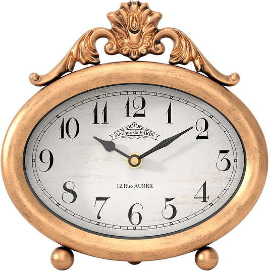 Vintage Table Clock, Desk and Shelf Decor Clock, French Rustic Antique Style Gold Mantel Clocks, for Farmhouse, Living Room, Bedroom, Bedside, Gift (7.87" H x 7.87" W)