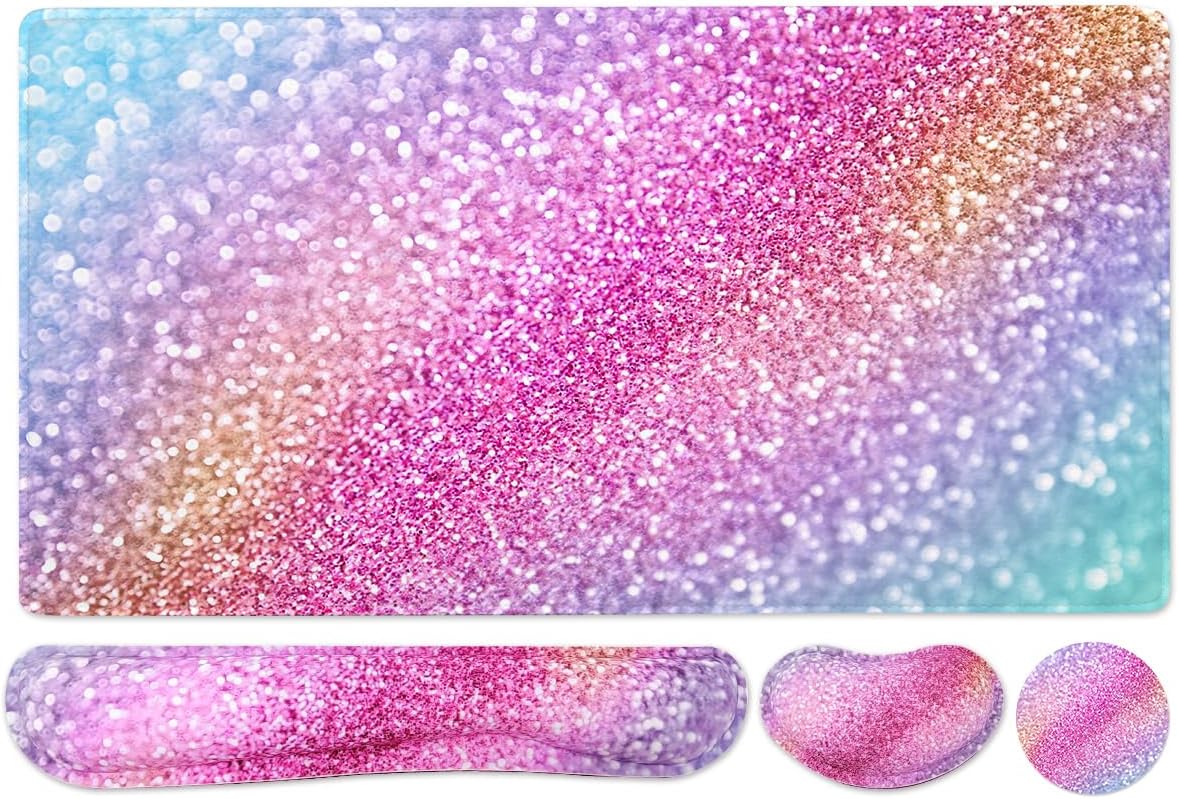 Large Keyboard Mouse Pad Set, Extended Mouse Pad+Keyboard Wrist Rest Support, Memory Foam Ergonomic Easy Typing, 4Pcs (35.4×15.9 in) Desk Pad Set for Home Office Study Game - Colorful