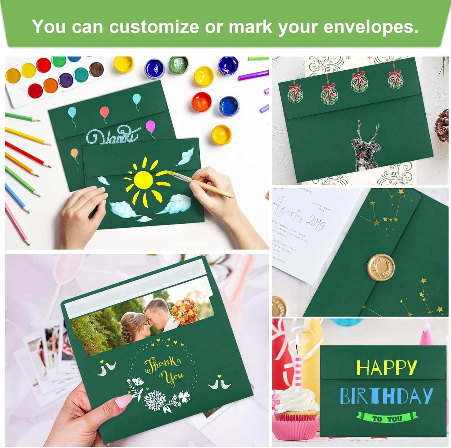 50 Pack 5x7 Envelopes - Self Seal for Invitations, Weddings, Photos & Greeting Cards (Dark Green) - Lumora Desk
