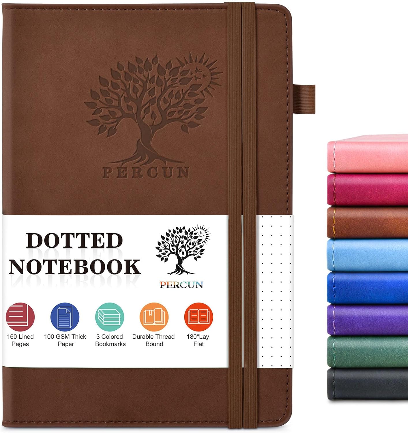 Dotted Journal Notebook for Men & Women, 160 Pages Dot Grid notebook for Note Taking, Bullet Journaling Notebook for Work, School, Travel, Writing, A5 Hardcover 5.9" x 8.5"(Brown)
