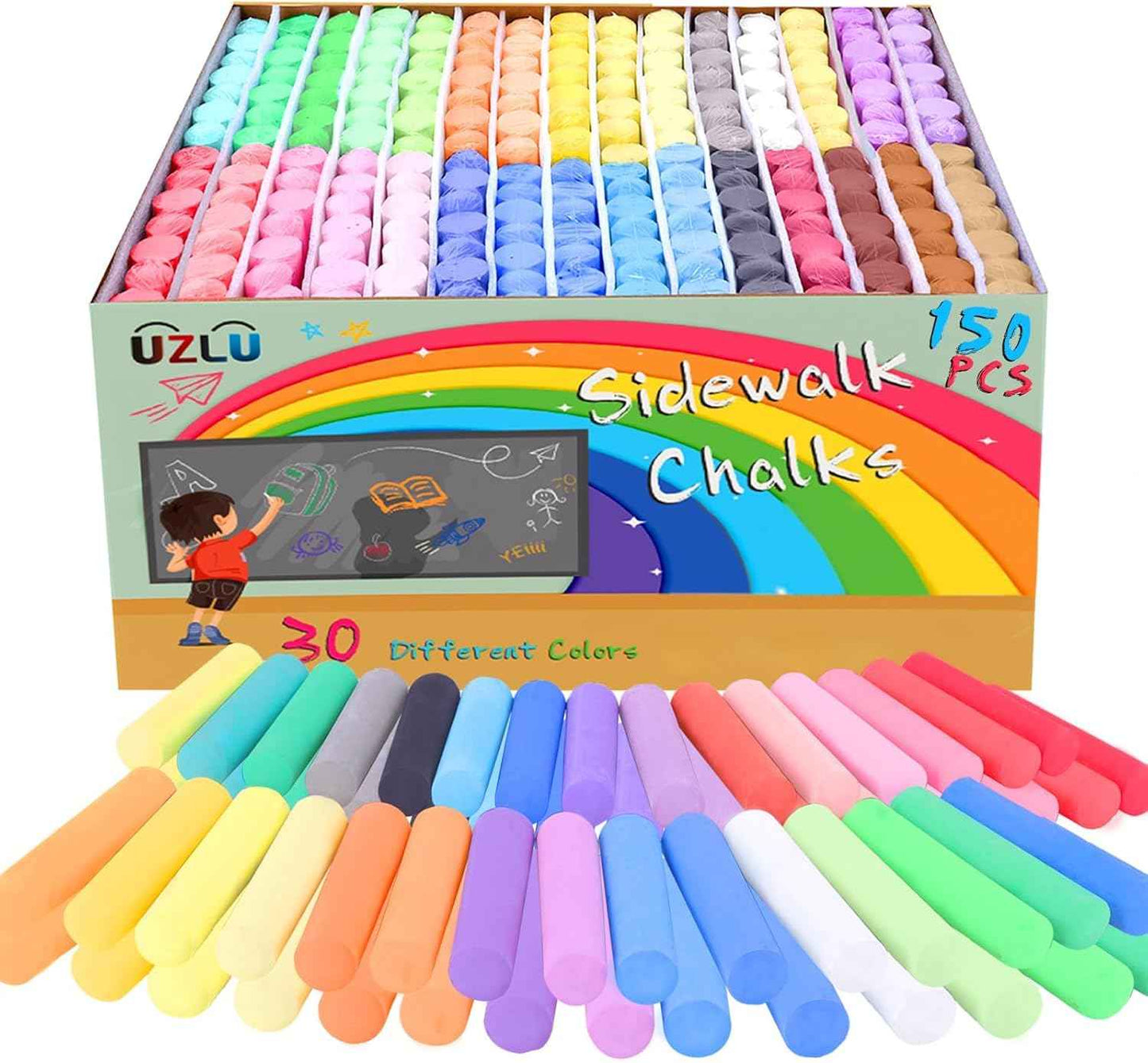 150 Pcs Sidewalk Chalk-30 Colors, Drawing Chalk for Kids, Jumbo Washable Chalk Giant Box Non-Toxic,Painting on Sidewalk,Outdoor Art, Blackboard, Playground, Outside Gift Adult
