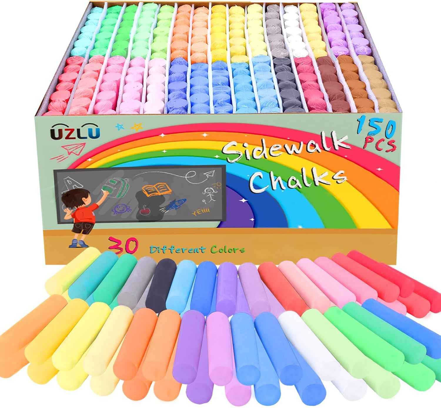 150 Pcs Sidewalk Chalk-30 Colors, Drawing Chalk for Kids, Jumbo Washable Chalk Giant Box Non-Toxic,Painting on Sidewalk,Outdoor Art, Blackboard, Playground, Outside Gift Adult