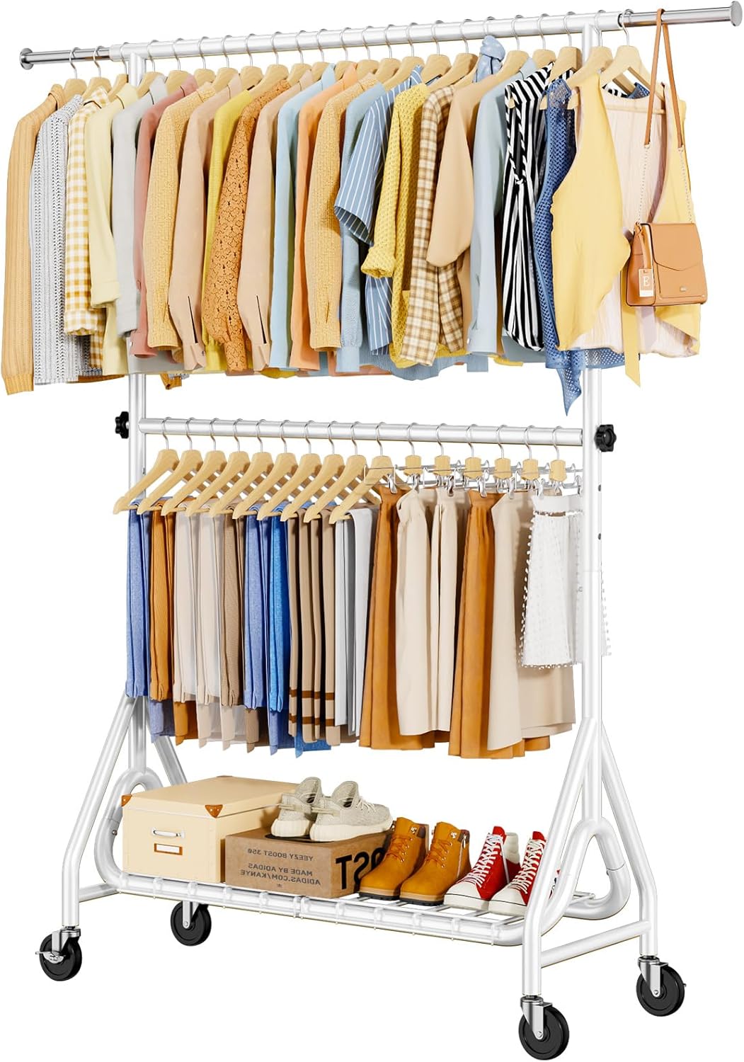 Double Rods Clothing Rack, Heavy Duty Clothes Rack for Hanging Clothes Load 560LBS, Metal Rolling Garment Racks with Wheels, Freestanding Clothes Hanging Racks, White - Lumora Desk