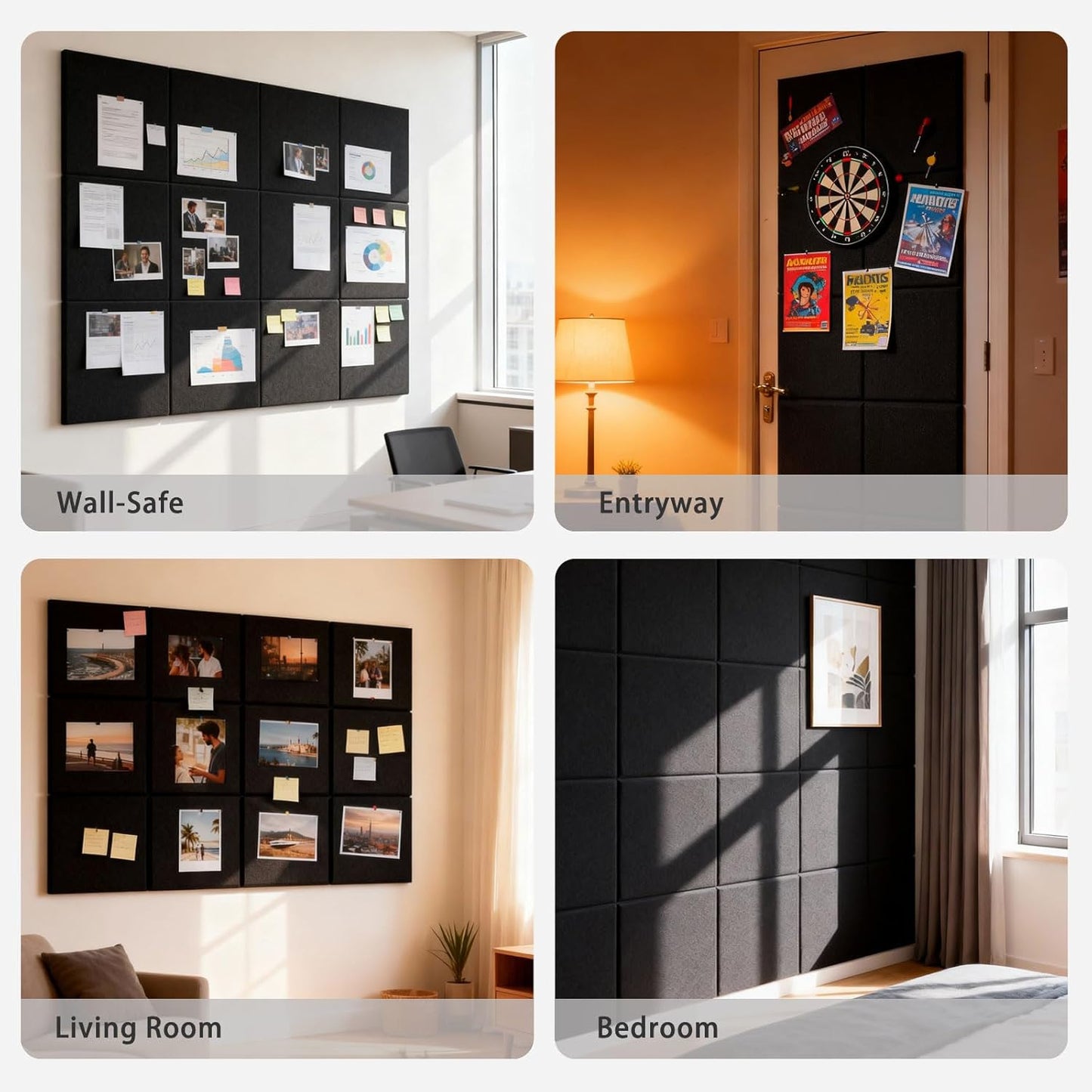 Large Cork Board Alternative 48" x 36", 12 Pack Felt Bulletin Board with 72 Safe Removable Adhesive Tabs, Black Felt Board Pin Boards for Walls Office Home Decor