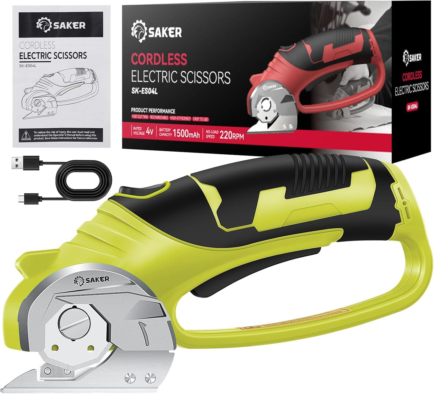 Saker Electric Box Cardboard Cutter,Cordless Elwetric Scissors for Fabric Leather Paper Plastic - Card Board Cutter Tool with 4V Recharged Battery - Safety Lock and LED Light for Cutting,Green