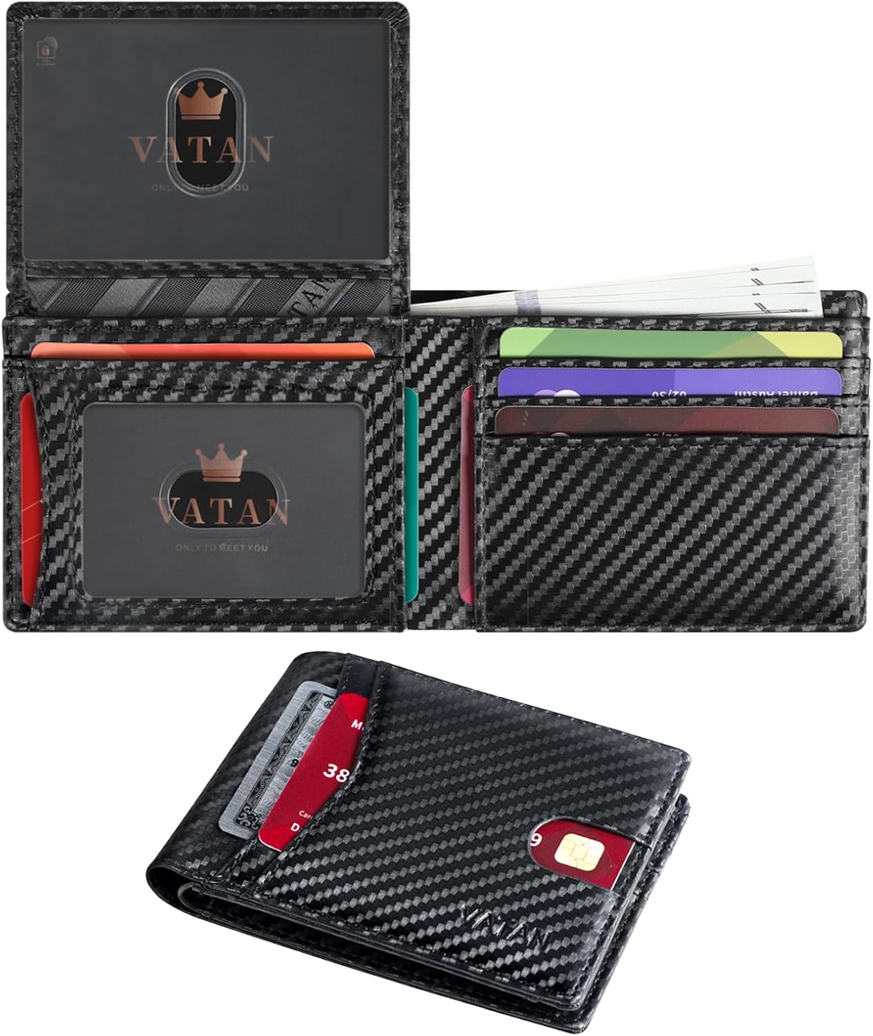VATAN Wallet for Men, Mens Minimalist Wallet Credit Card Holder, Slim Leather Rfid 2 ID Window Large Capacity With Gift Box (Carbon Fiber Black)