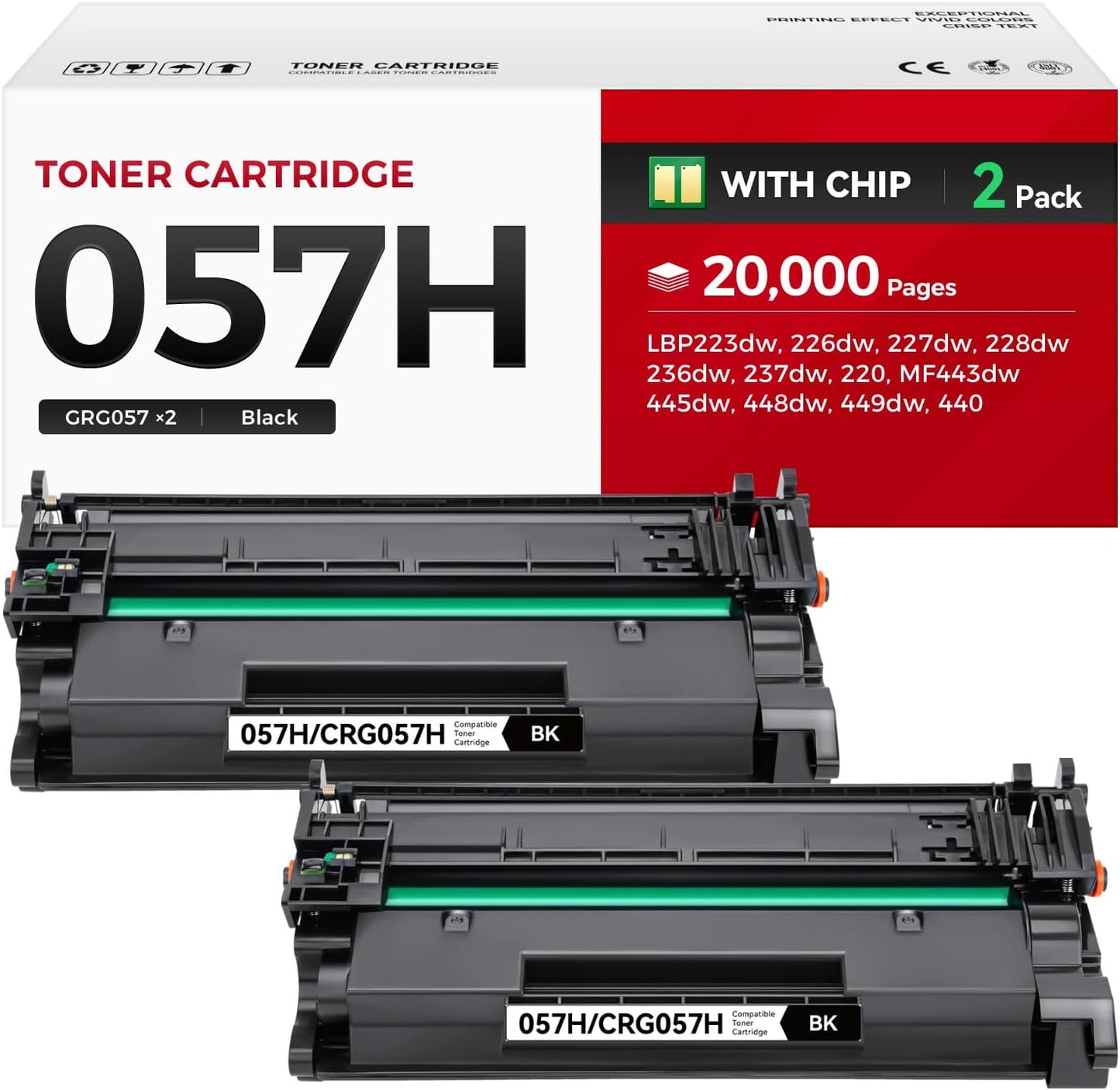 057H Toner Cartridge Black 2-Pack with chip High Yield Replacement for Canon 057 CRG-057 057H Compatible for Canon ImageCLASS MF445dw MF448dw LBP226dw LBP227dw LBP228dw MF449dw MF445 Laser Printer Ink