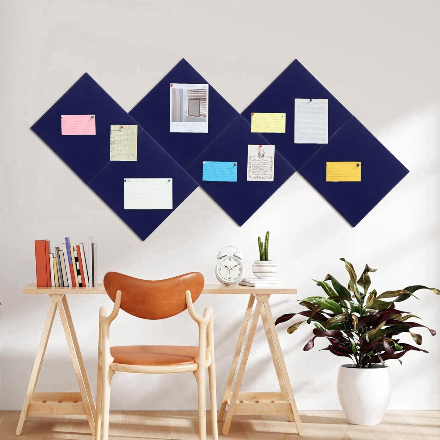 Large Cork Board 36" x 24", 6 Pack Felt Wall Tiles with Colored Pushpins, Bulletin Board with Removable Self-Adhesive Strips, Pin Board Cork Boards for Walls Office Home-Dark Blue