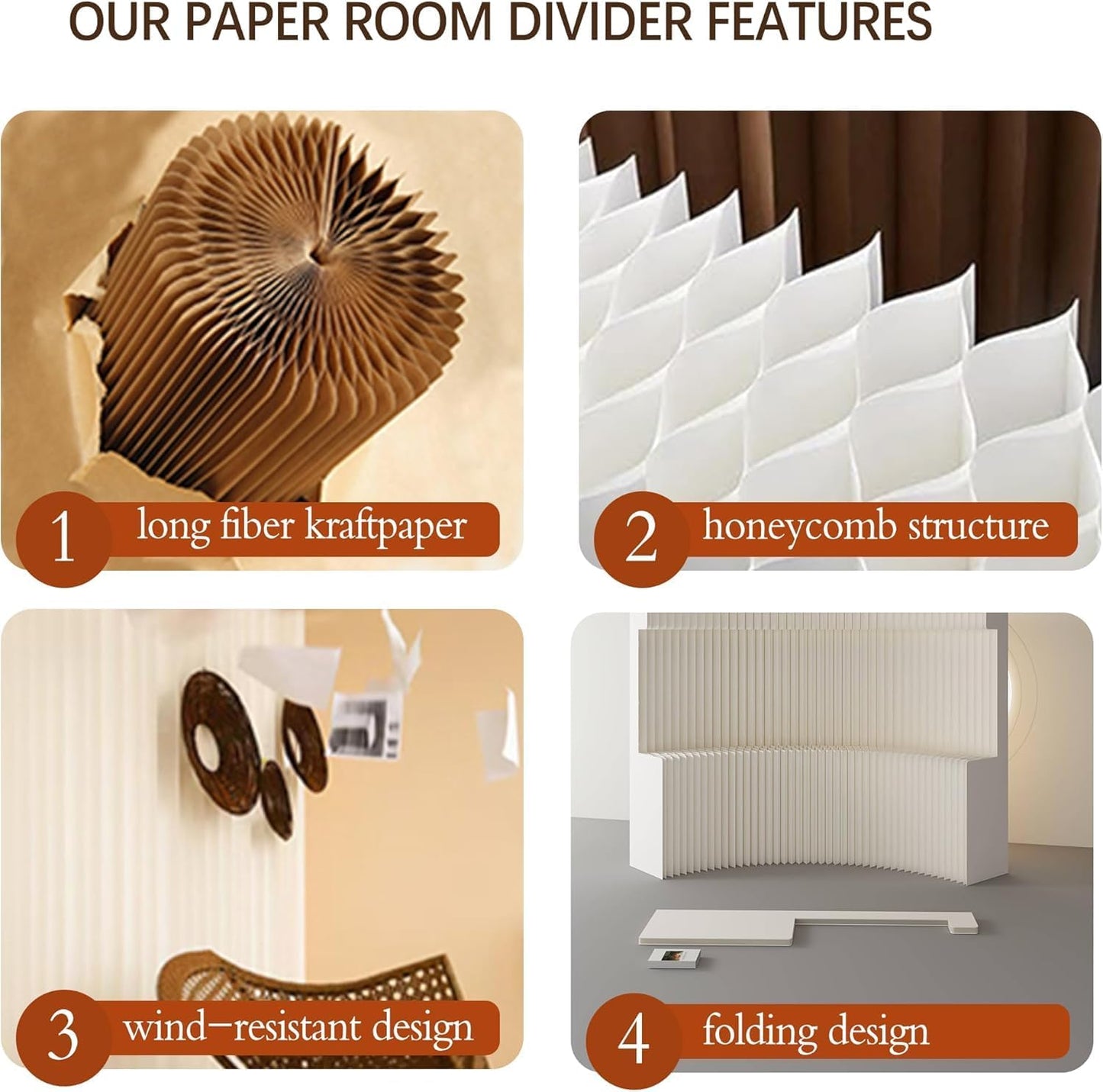 Paper Room Divider with Shelves Folding Room Divider Portable Room Partition Foldable Temporary Wall Retractable Folding Screen for Home, Office, Studio, Exhibition