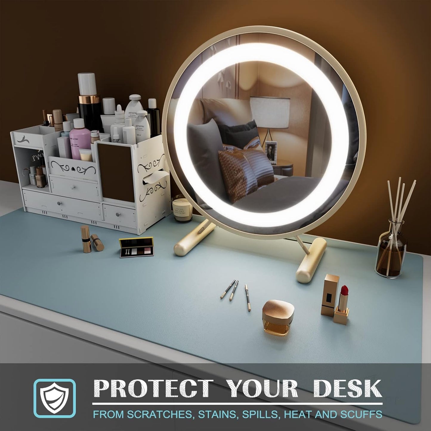 K KNODEL Small Office Leather Desk Mat, Mouse and Keyboard Pad, Computer and Laptop Mat, Desktop Protector and Cover, Writing Pad and Blotter (23.6"x13.8", Light Blue)