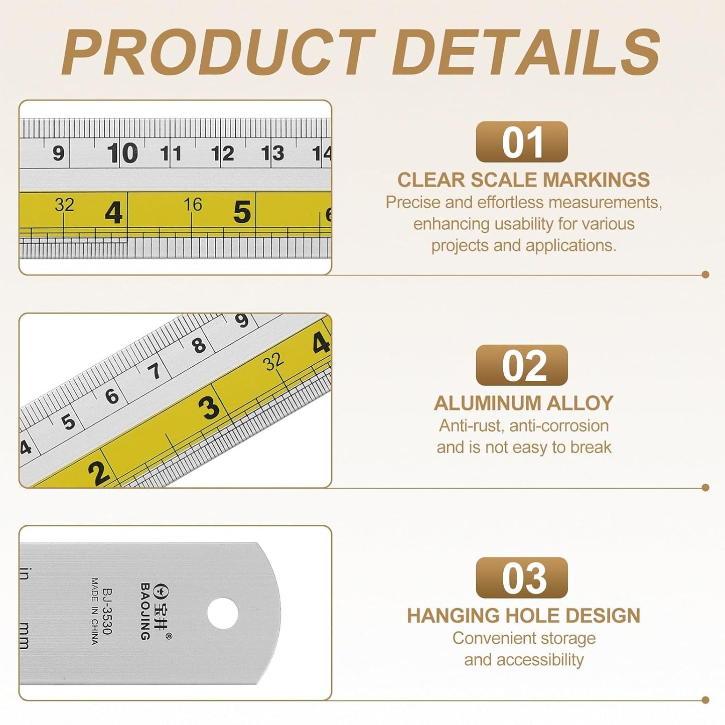 HARFINGTON 4pcs Metal Straight Ruler 30cm Metric SAE Aluminum Alloy Measuring Rulers Scale Tool with Hole for Measure Study Reading Classroom Office, Yellow