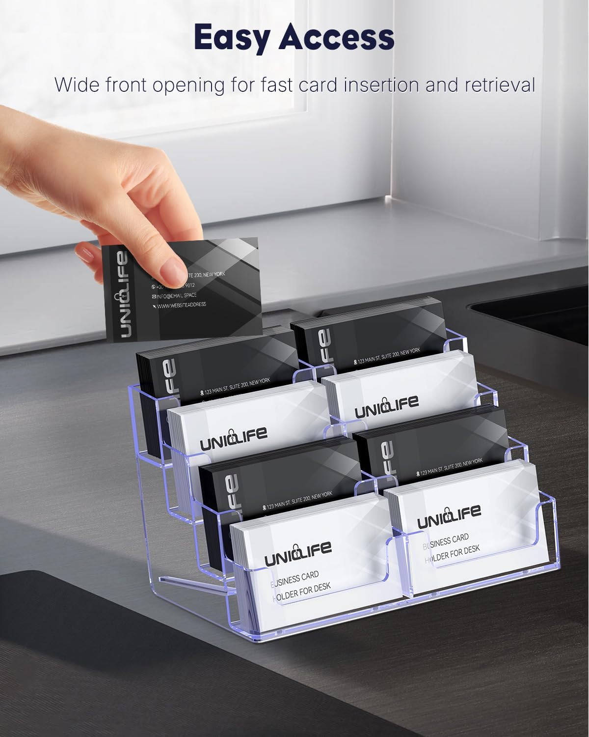 Uniclife Acrylic Business Card Holder for Desk 8 Slots Clear Business Card Display Stand for Men & Women Desktop Business Card Organizer Card Stand for Office Home Exhibition, 480 Card Capacity