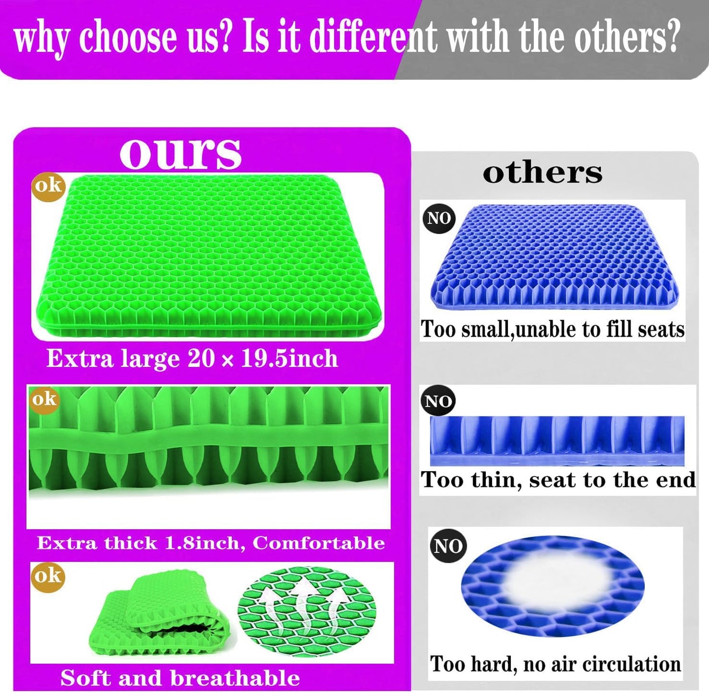 Plus Size Gel Seat Cushion for Long Sitting, Extra Large and Thick, Seat Cushion for Back, Hip, Sciatica, Tailbone Pain Relief, Used for Office, Wheelchair, Car, Recliner, Stadium, Kayka.(Grass Green)
