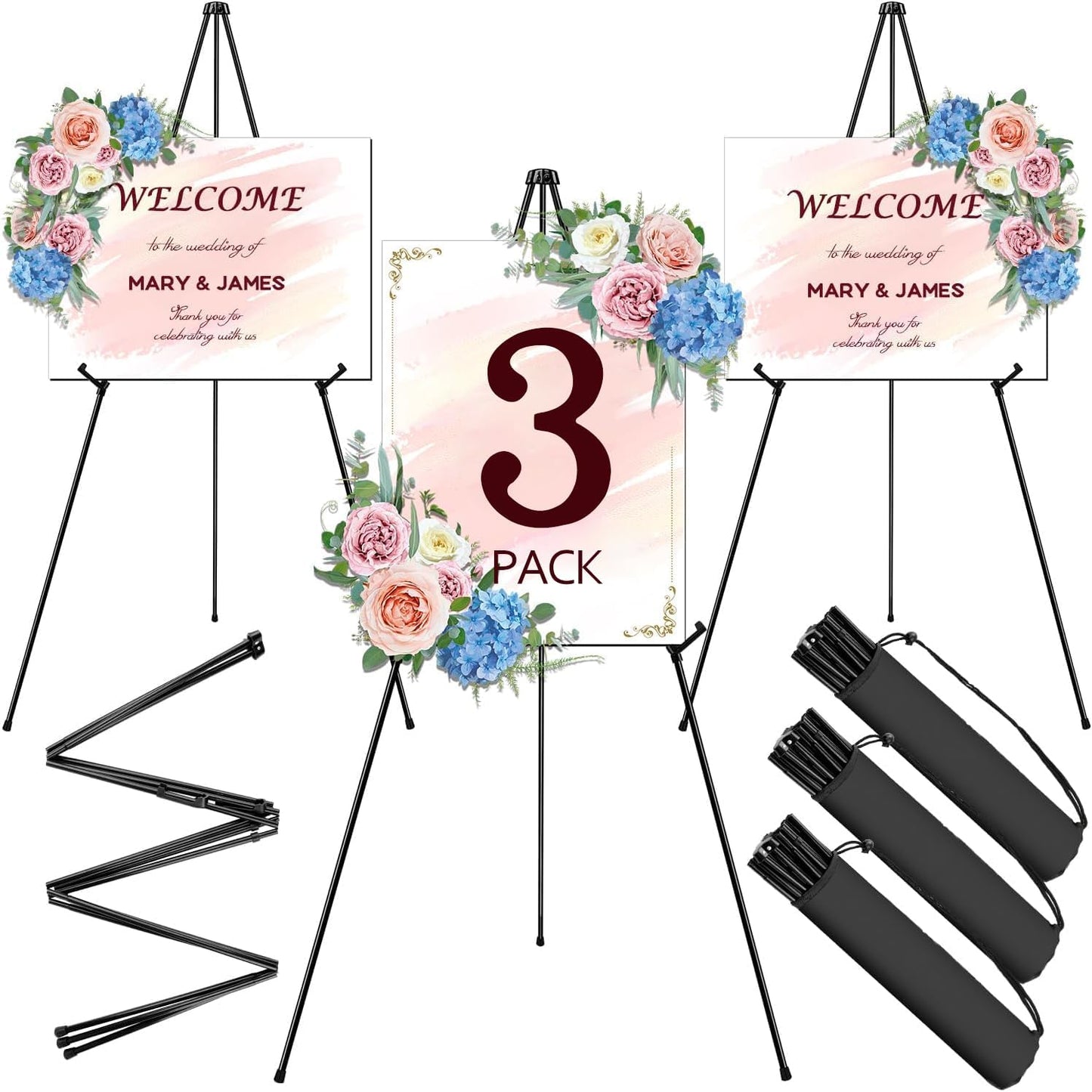 AROIC 63" Easel Stand for Display, 3 Pack Portable Foldable Metal Easel, Easels for Signs Wedding Logos,Arts, Painting,Adjustable Floor Easels with 3 Storage Bag