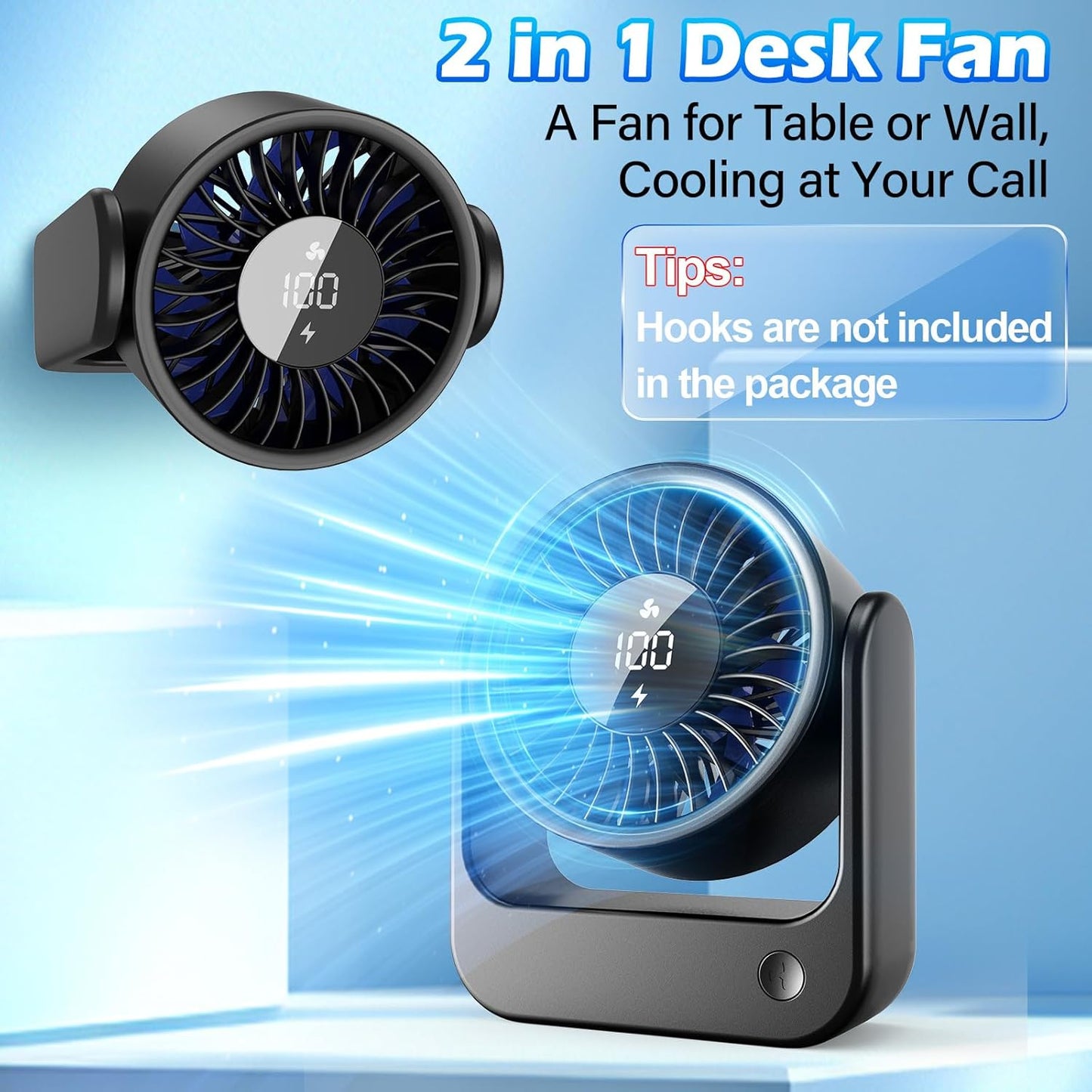 Desk Fan, Small Quiet Table Fan, Digital Display, 360° Adjustable Tilt, 5 Speeds Powerful Wind, USB Rechargeable Battery Operated, Personal Portable Fans for Home Office Desktop Bedside Makeup, Black